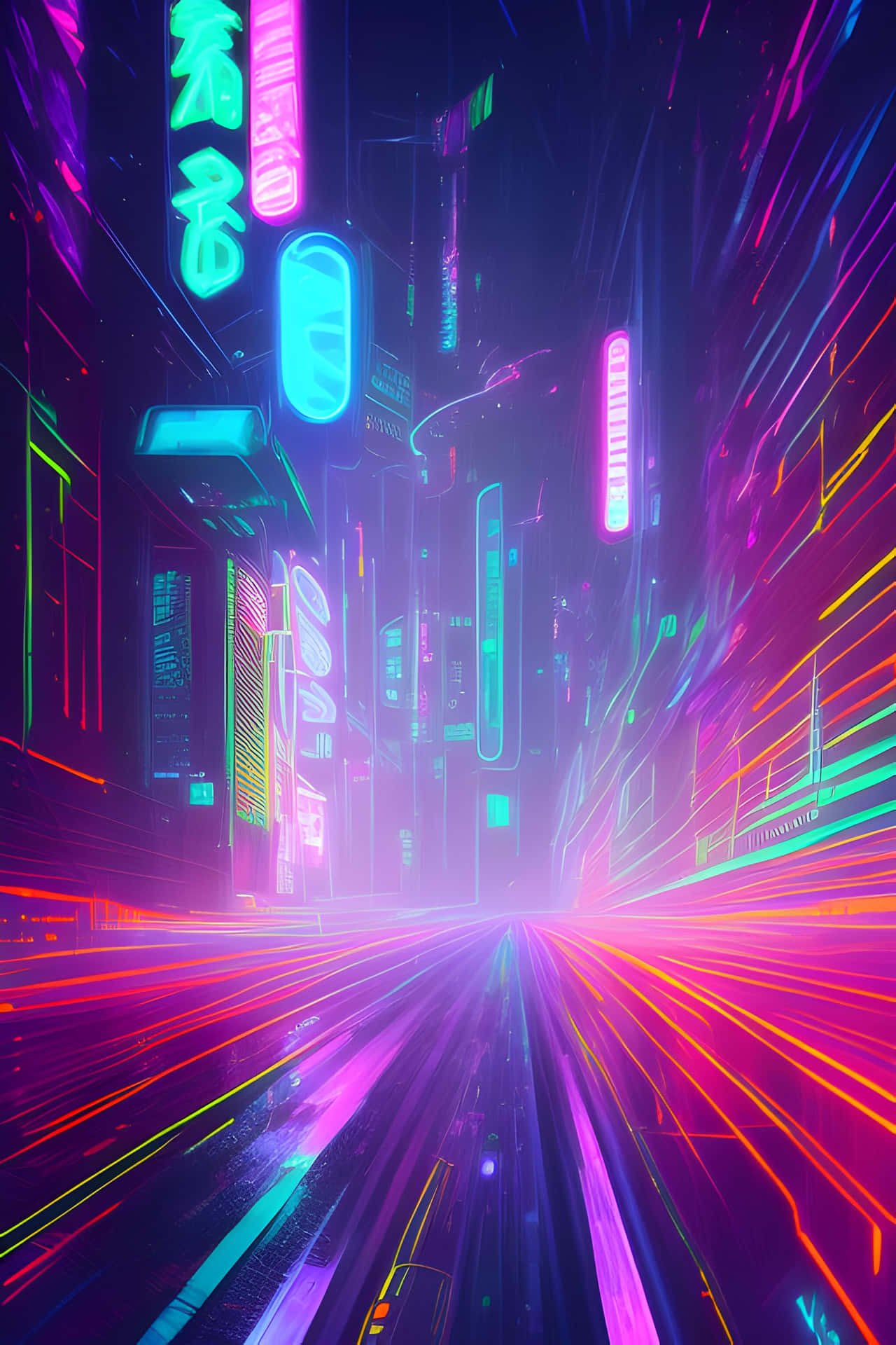  壁紙 — 一條充滿霓虹燈光的 cyberpunk 城市街道，在高聳的發光招牌下，有鮮豔的光跡劃過。
