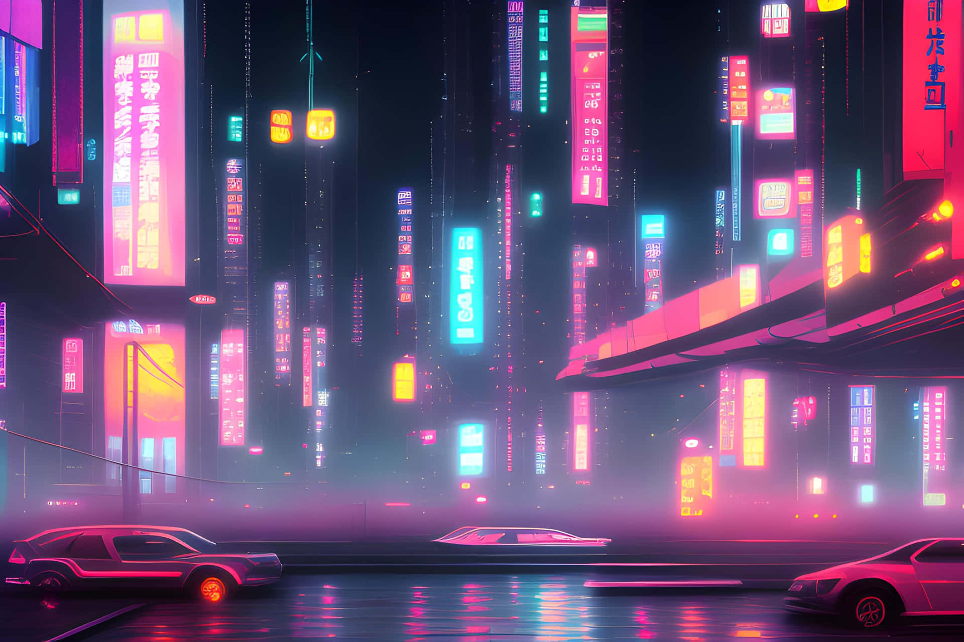  壁紙 — 夜晚霓虹燈閃爍的賽博龐克城市景觀，發光的垂直廣告牌和濕滑街道上的時尚汽車。