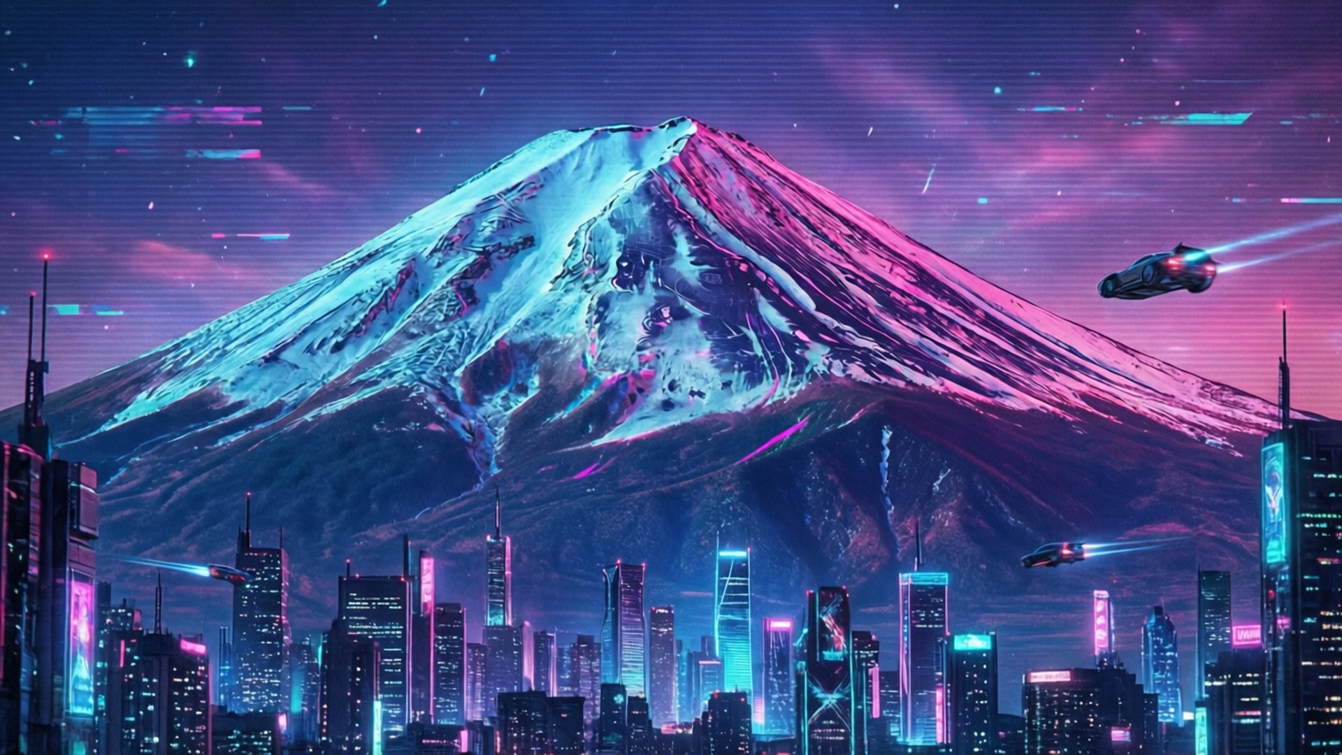 雪山 桌布 壁紙 — 一個充滿霓虹燈的賽博龐克城市景觀，發光的摩天大樓和飛行汽車在白雪覆蓋的山脈下，星空紫色天空下。