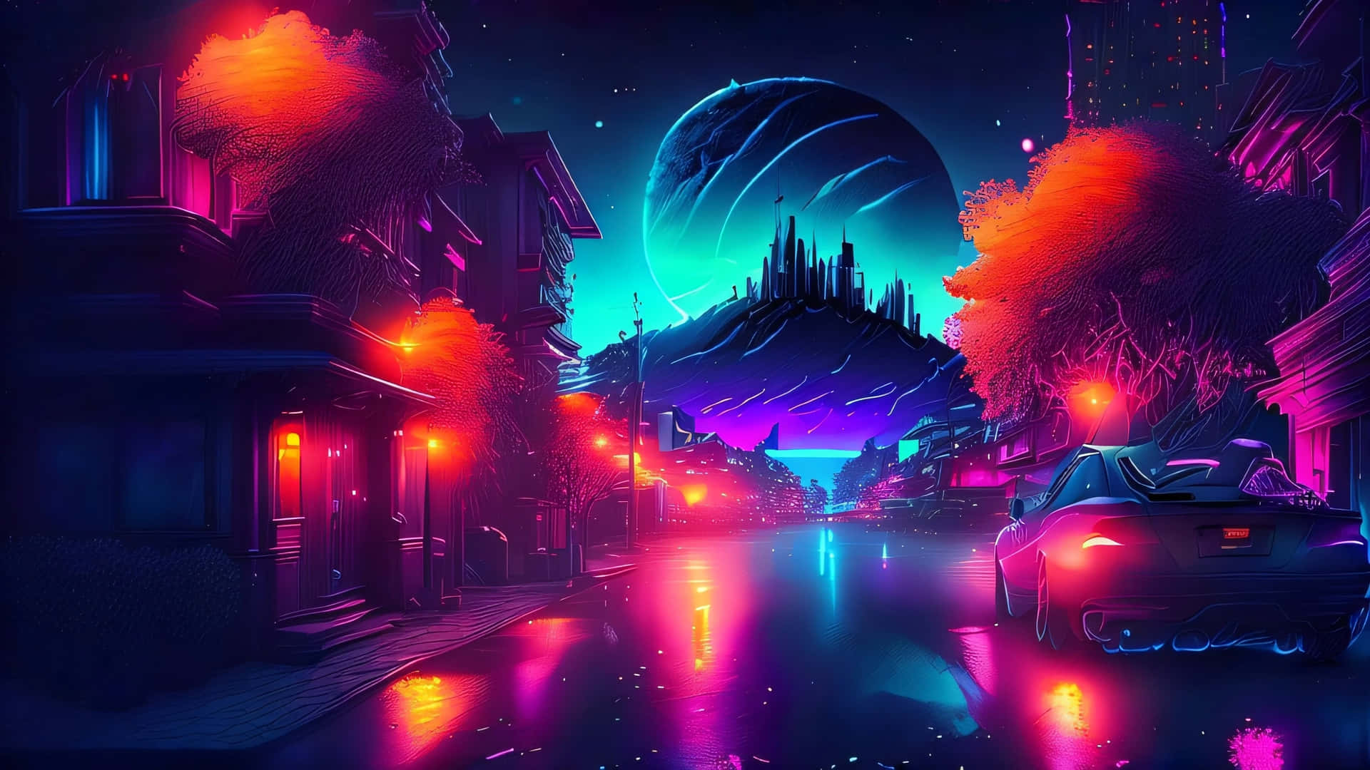  壁紙 — 夜晚一條充滿霓虹燈的賽博龐克街道，有發光的樹木、一輛跑車和一顆巨大的行星籠罩在遠處的城市景觀上。