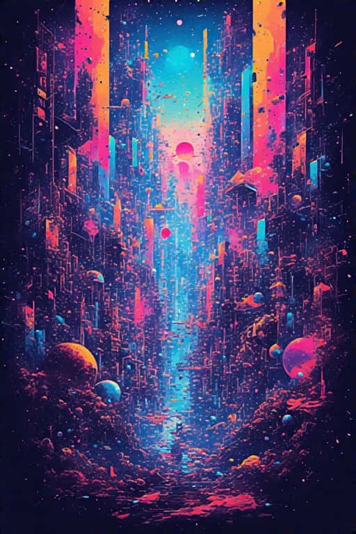 未來主義峽谷，發光的摩天大樓和漂浮的行星在星空下 — 4K 壁紙
