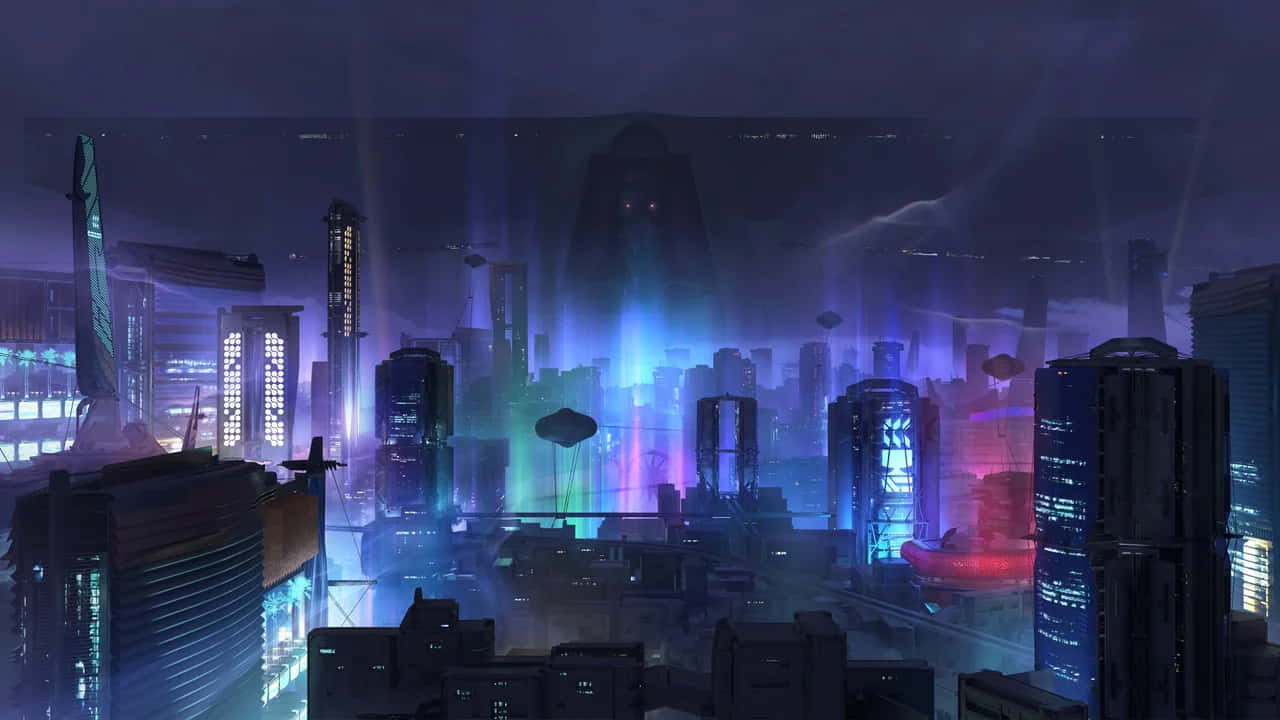  壁紙 — 一個充滿霓虹燈的未來城市夜景，高聳的摩天大樓在霧濛濛的天空下閃爍著電光藍和紫色。