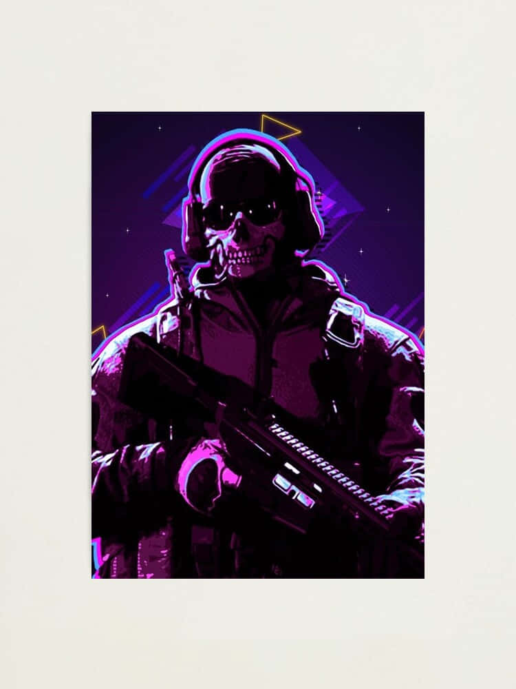  壁紙 — 一個充滿霓虹燈光的骷髏士兵穿著戰術裝備，在星光點點的紫色背景前拿著步槍，背景有發光的幾何形狀。