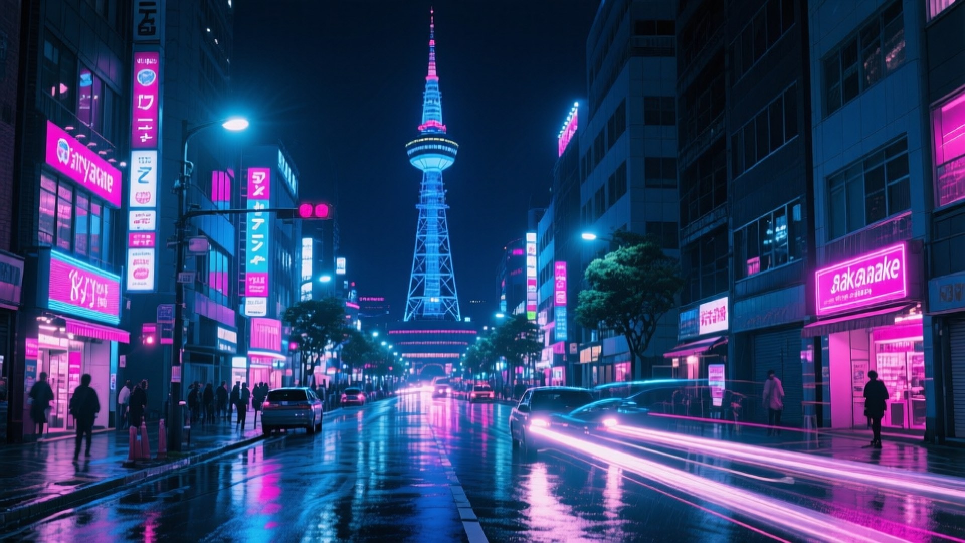Neon Sakae Nights 壁紙 — 夜晚的東京街道，霓虹燈光璀璨，雨水打濕的路面反射著高聳招牌和遠處東京塔的粉紅與藍色燈光。