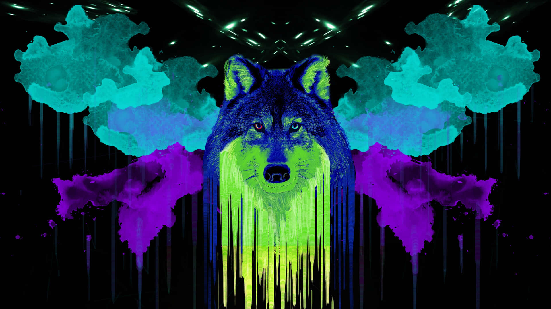  壁紙 — 一隻被霓虹燈浸透的狼，發光的綠色和紫色油漆滴落在黑色背景上，帶有鏡面雲。