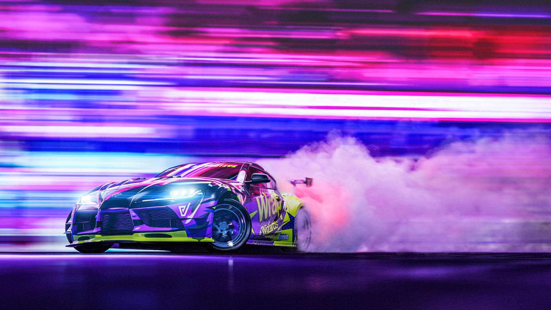 霓虹飄移車在發光的夜間賽道上冒煙。 — Toyota Supra 壁紙