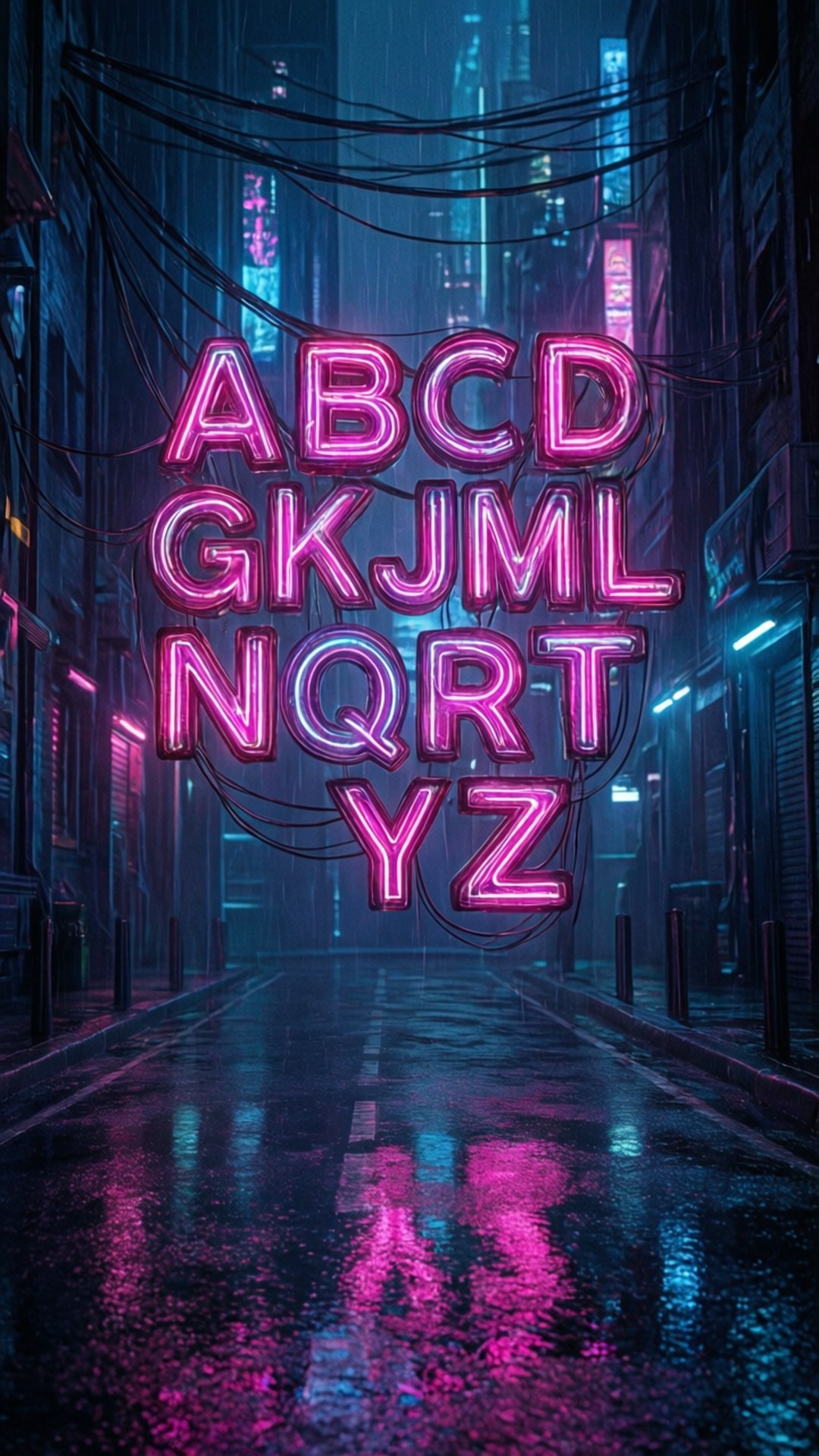 Neon ABC Alley 壁紙 — 霓虹粉紅色字母漂浮在雨淋的 cyberpunk 小巷上，反射出鮮豔的光芒。