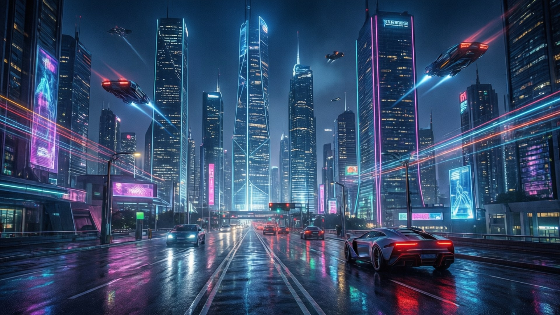 未來城市夜景，霓虹燈和飛車在濕漉漉的街道上。 — 1366X768 壁紙