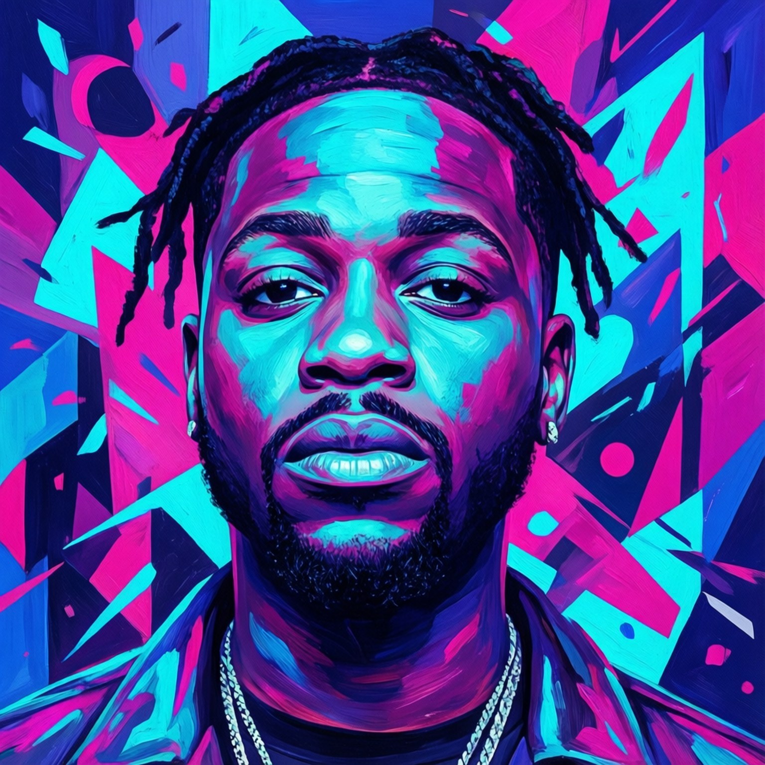 Pop Art Digital 壁紙 — 一個充滿活力的風格化肖像，一個留著辮子的男人，背景是霓虹粉紅和青色的幾何圖案。