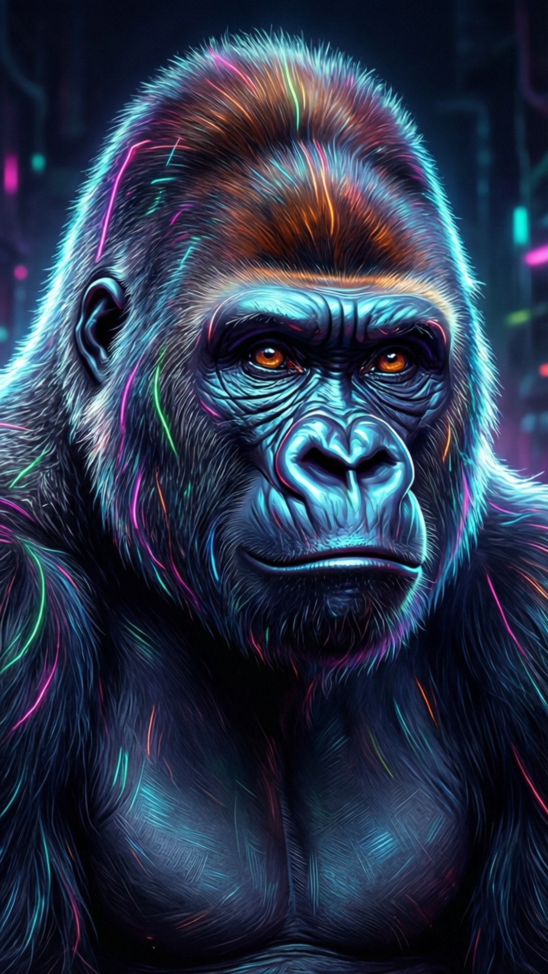 Neon Cyber Gorilla 壁紙 — 一隻被霓虹燈照亮的猩猩，發光的橙色眼睛，毛皮上有電光藍、粉紅和綠色條紋，在黑暗的賽博龐克背景下強烈凝視。