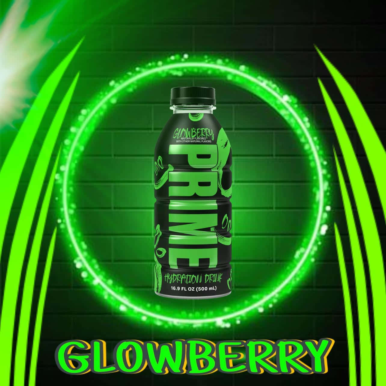  壁紙 — Glowberry Prime 補水飲料的黑色瓶子在深色磚牆前發出霓虹綠色光芒，並帶有放射狀綠色光效。