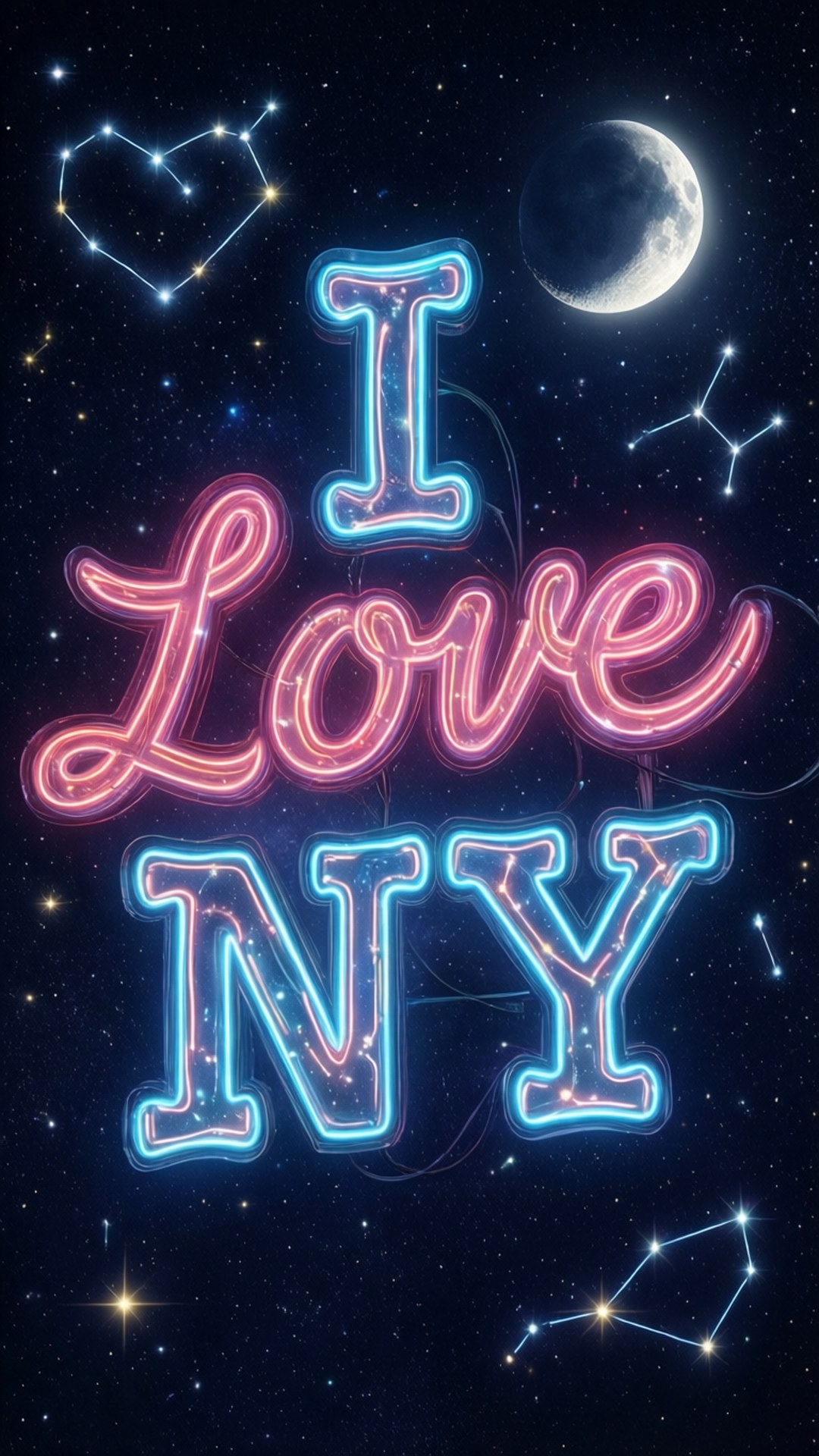 桌布 壁紙 — 霓虹燈 'I Love NY' 標誌在繁星點點的夜空下閃耀，伴隨著新月和心形星座。