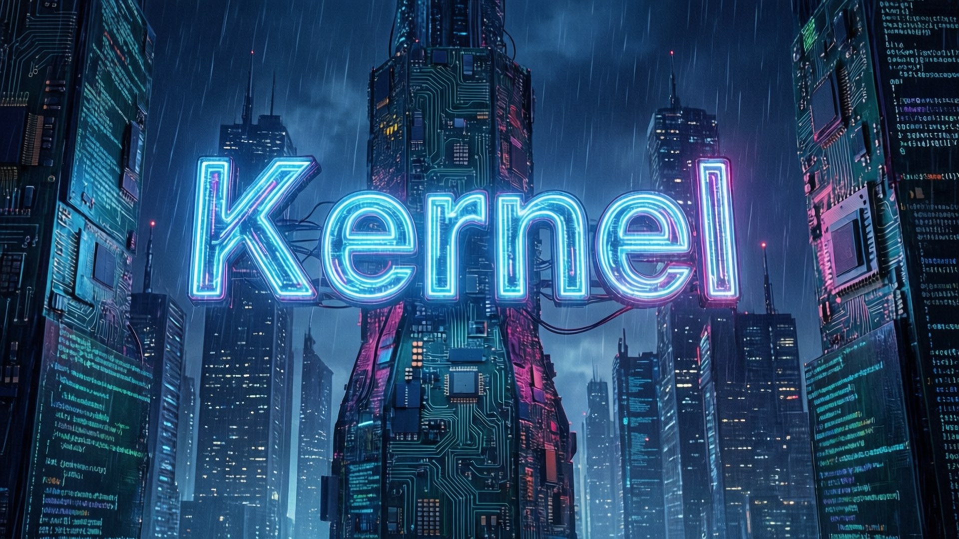 Kernel Cyberpunk City 壁紙 — 一個發光的 'Kernel' 霓虹標誌，照亮了被雨水浸透的賽博龐克城市景觀，建築物上佈滿電路和代碼。