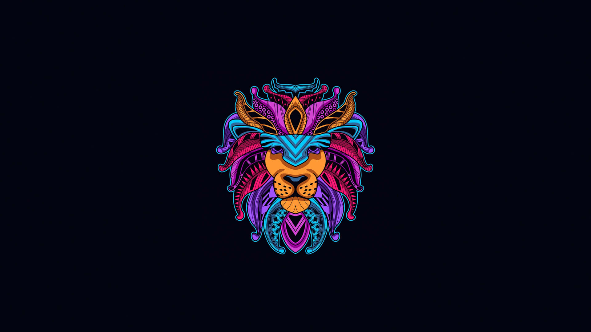 一個風格化的獅子頭，在黑暗背景上帶有發光的霓虹部落設計。 — Oled 壁紙