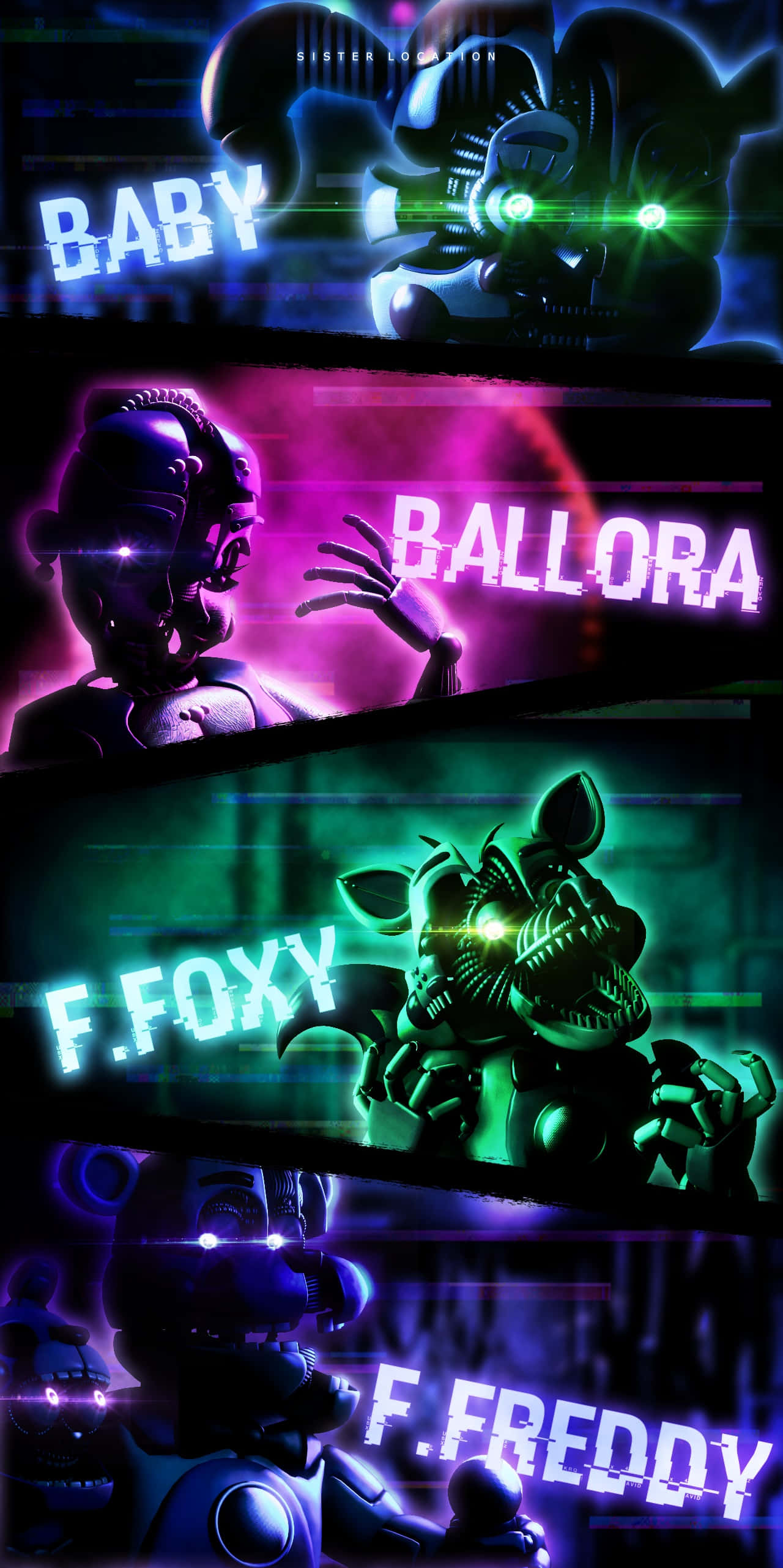 Fnaf Sister Location 桌布 壁紙 — Five Nights at Freddy's 的霓虹燈動畫角色在故障數位背景下發出電光色調。