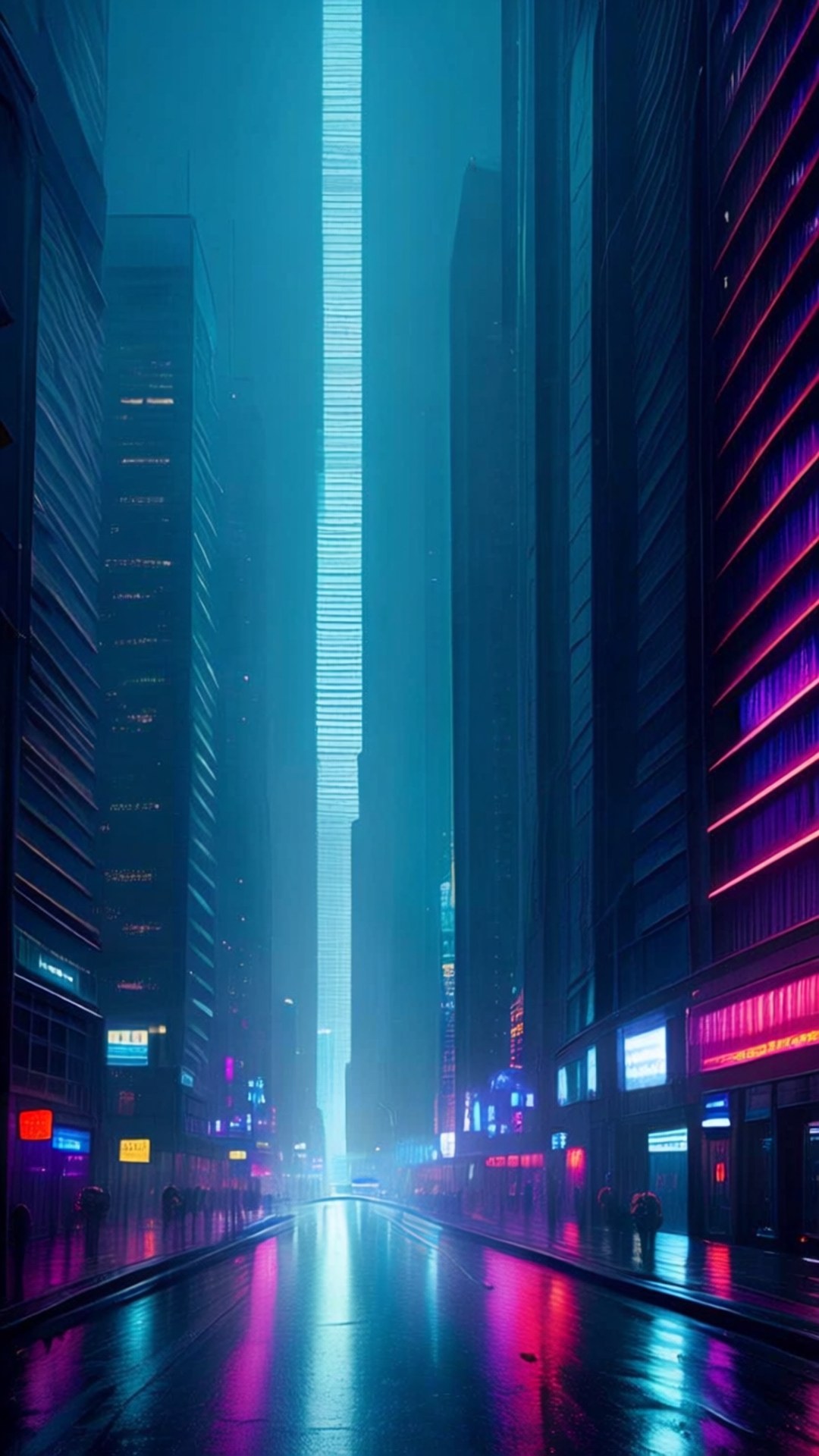 Neon Cityscape Vertical 壁紙 — 夜晚霓虹燈照亮的城市街道，高聳的摩天大樓在濕漉漉的路面上反射出鮮豔的粉紅色和藍色燈光。