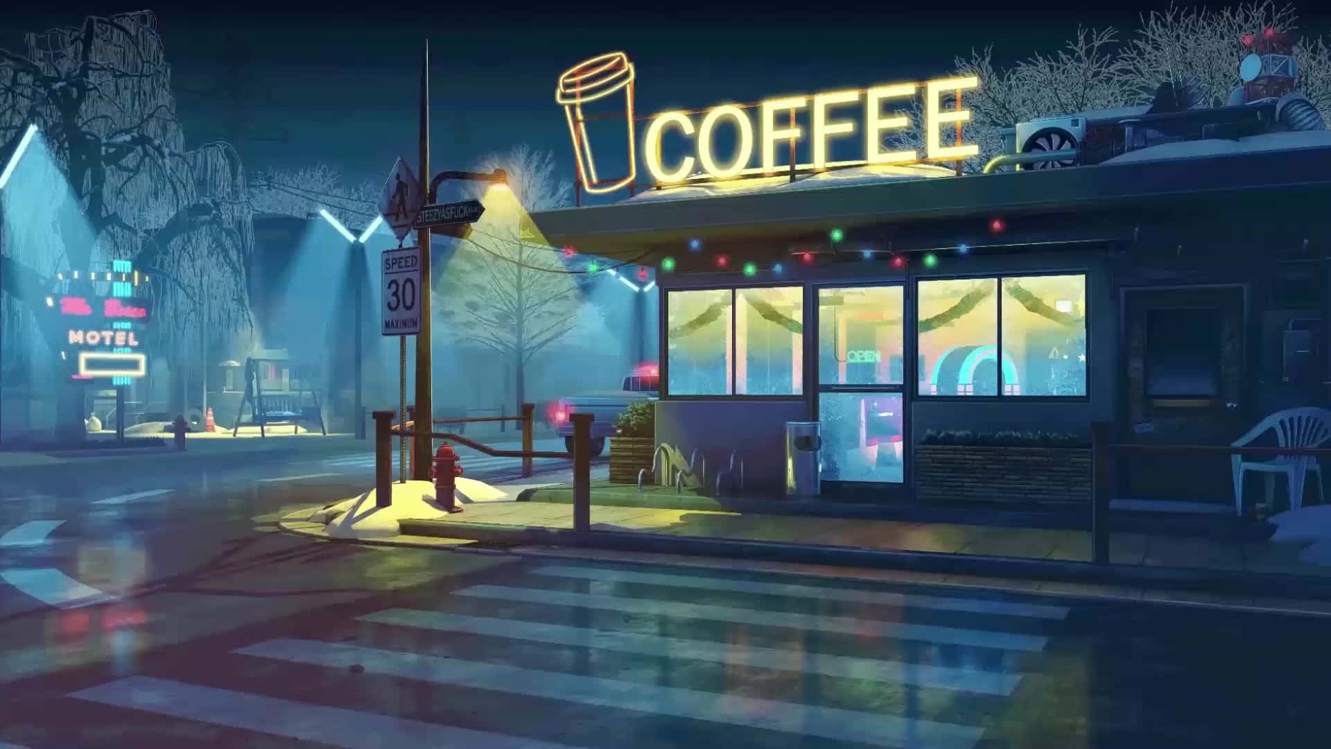 Coffee Shop 桌布 壁紙 — 一間霓虹燈照亮的咖啡店在雪夜的街道上溫暖地發光，潮濕的路面反射著燈光和光禿禿的樹木。