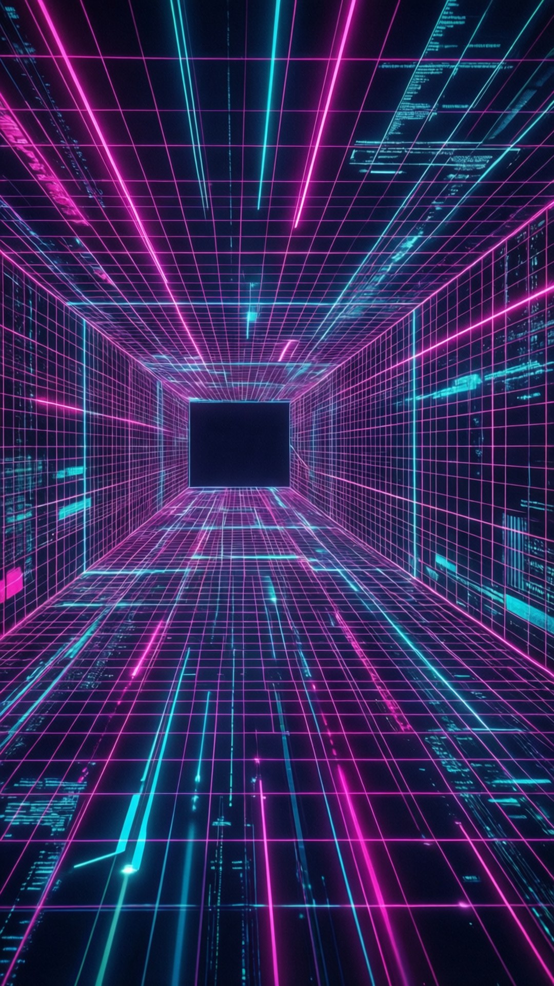 Cyber Grid 壁紙 — 一條霓虹燈照亮的數位走廊，帶有發光的粉紅色和青色網格線，逐漸消失在一個黑暗的方形虛空中。