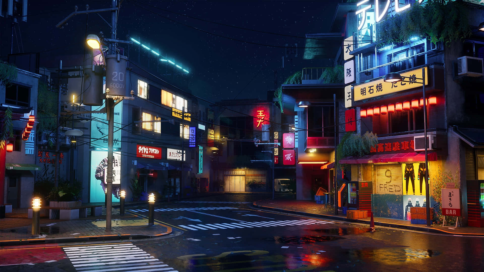  壁紙 — 夜晚霓虹燈照亮的日本城市街道，潮濕的人行道反射著發光的招牌和路燈，天空佈滿星星。