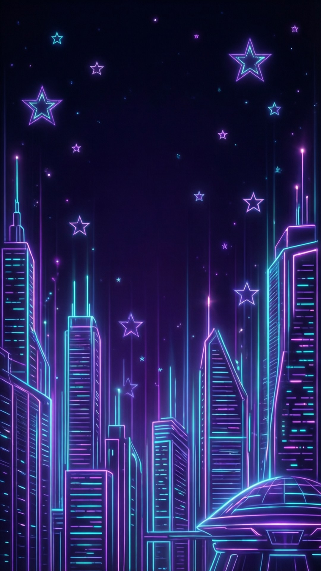 桌布 壁紙 — 霓虹燈照亮的摩天大樓在繁星點點的夜空下閃耀，構成未來主義的城市景觀。