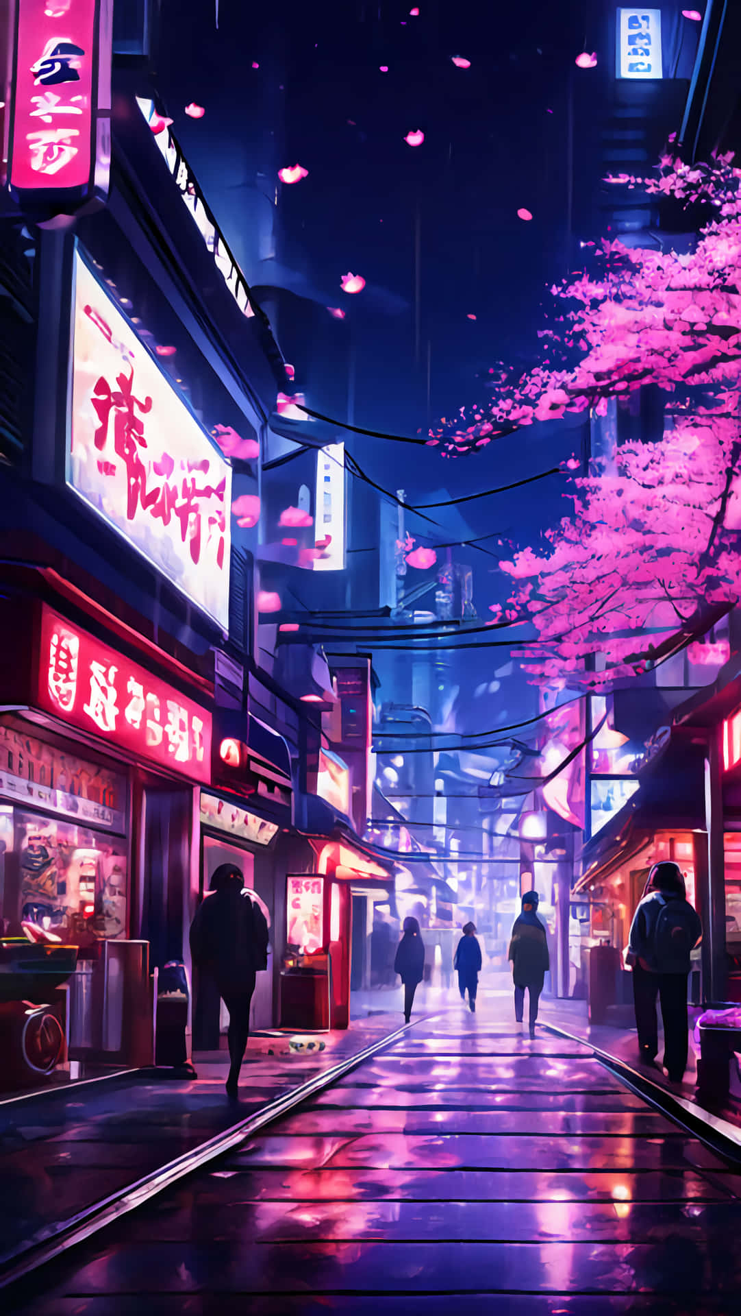 夜晚東京一條霓虹燈照亮的小巷，櫻花和行人走在濕漉漉的人行道上。 — 城市 壁紙