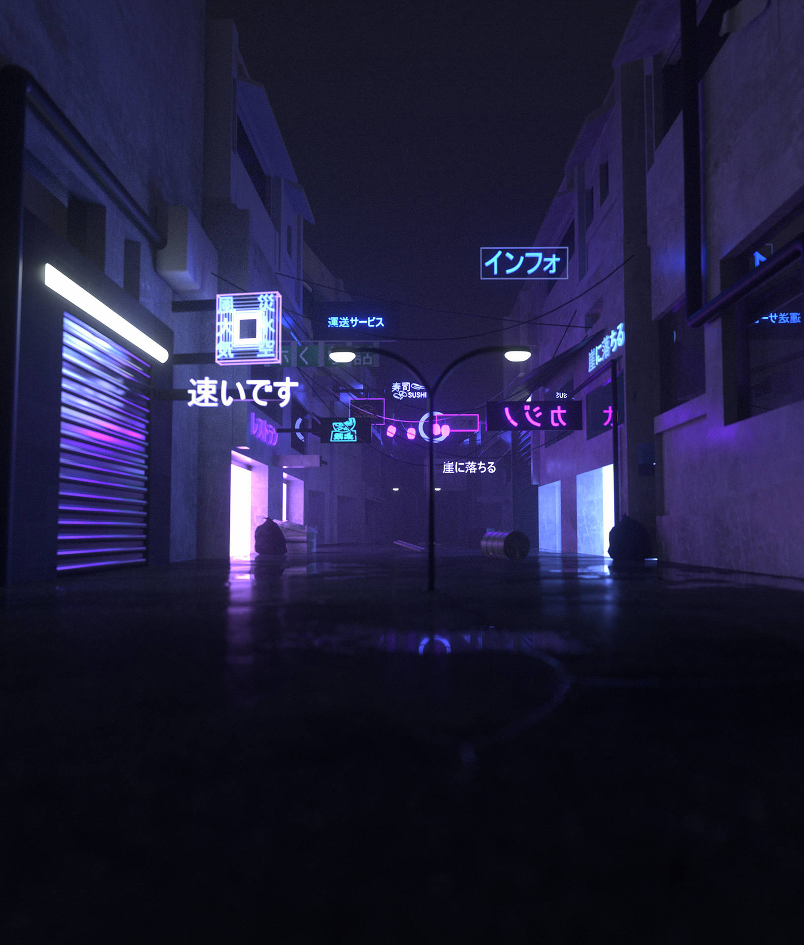 霓虹招牌照亮雨夜街道，在濕漉漉的路面上形成倒影。 — Ghostwire Tokyo 壁紙