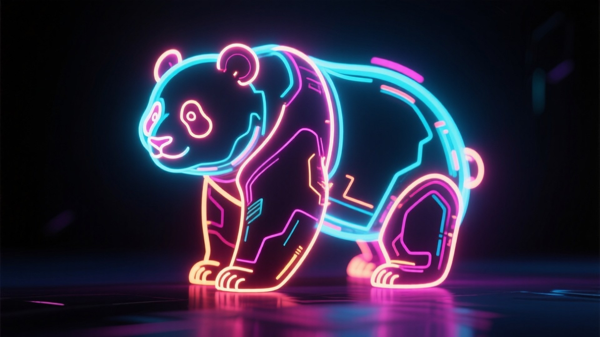 Neon Panda Cyberpunk 壁紙 — 一隻發光霓虹熊貓，帶有發光的青色和洋紅色輪廓，蹲在黑暗未來環境中的反射表面上。