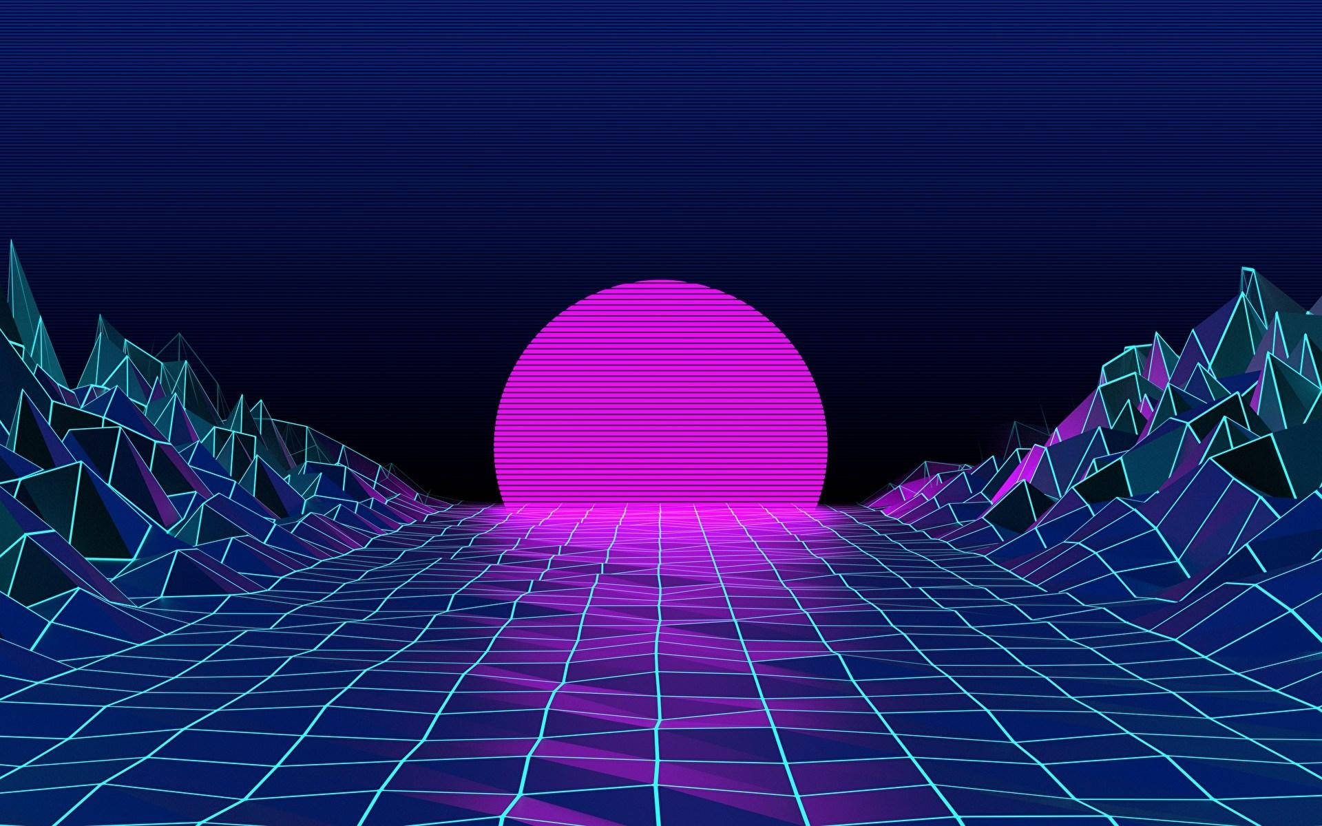 霓虹粉紅色的太陽在復古數位景觀中，從一個帶有棱角山脈的發光網格上升起。 — 美學筆電 壁紙