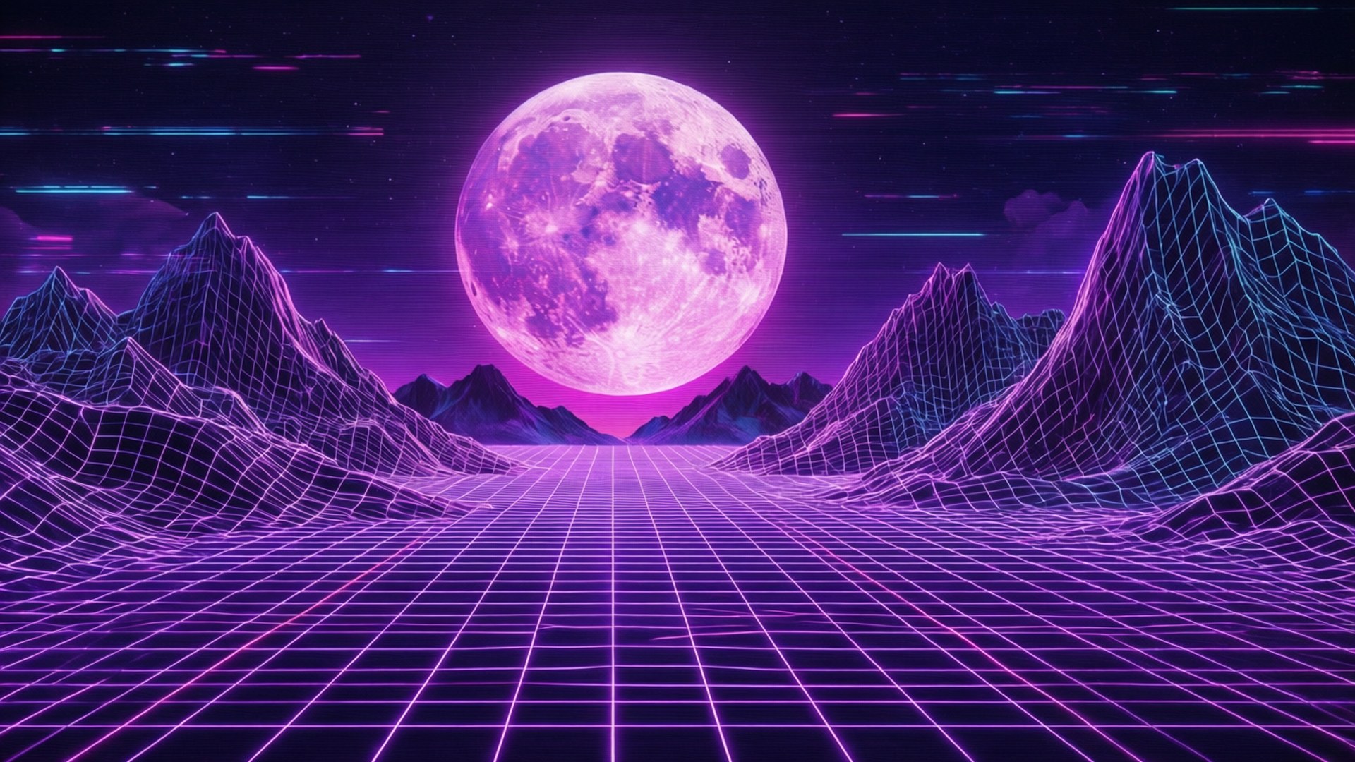 Neon Mountain Grid 壁紙 — 一條霓虹紫色網格道路伸向一個發光的滿月，由線框山脈環繞，在星空復古未來主義的天空下。