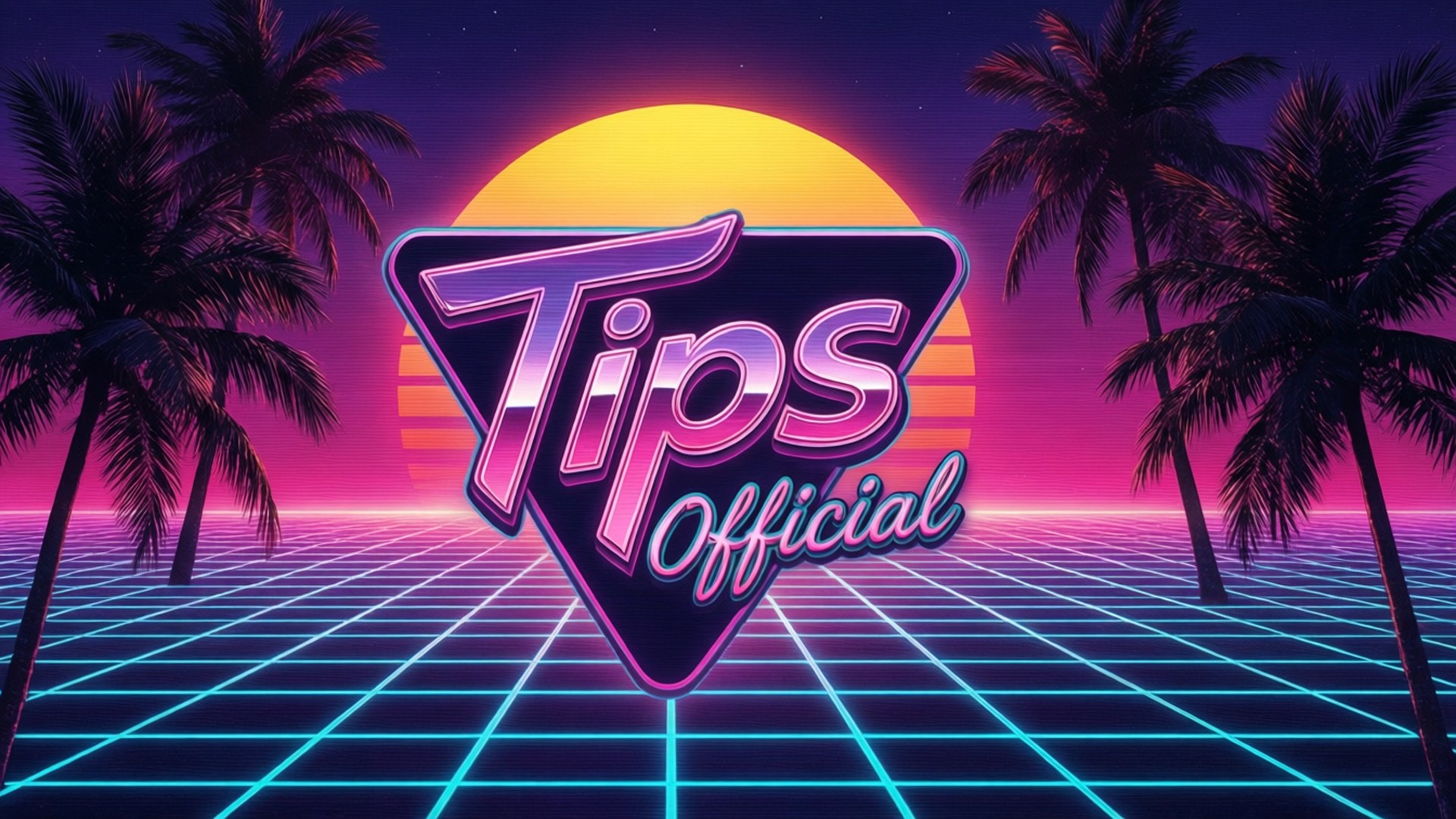 Synthwave Sunset 壁紙 — 一個霓虹燈照亮的復古未來場景，棕櫚樹在充滿活力的日落和發光的網格地板下閃耀。