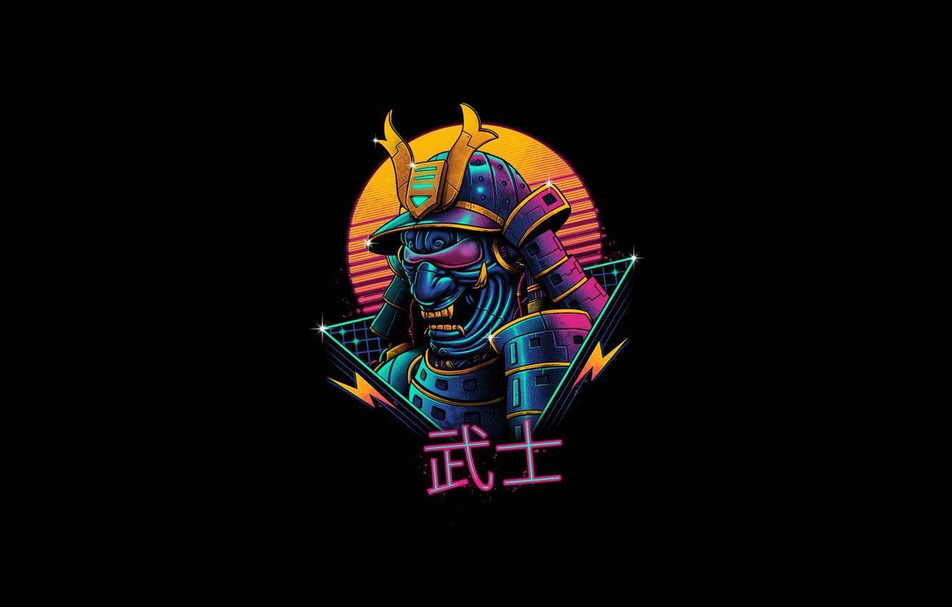 霓虹武士戰士，身穿發光盔甲，背景為夕陽和日文字元。 — 日本武士 壁紙