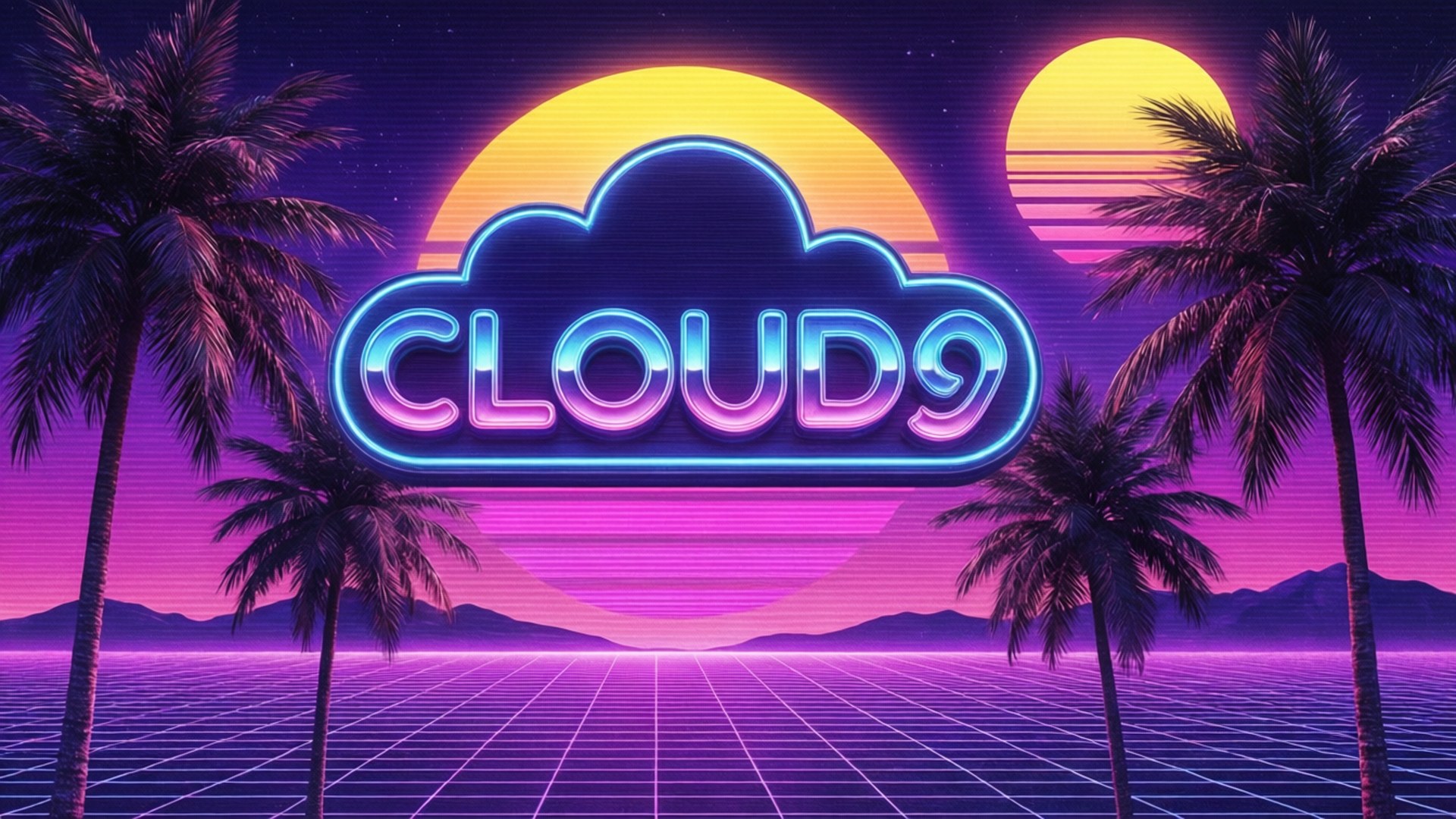 雲九 桌布 壁紙 — 一個寫著「CLOUD9」的霓虹燈牌在棕櫚樹之間發光，背景是帶有雙太陽和網格地板的復古未來主義日落。