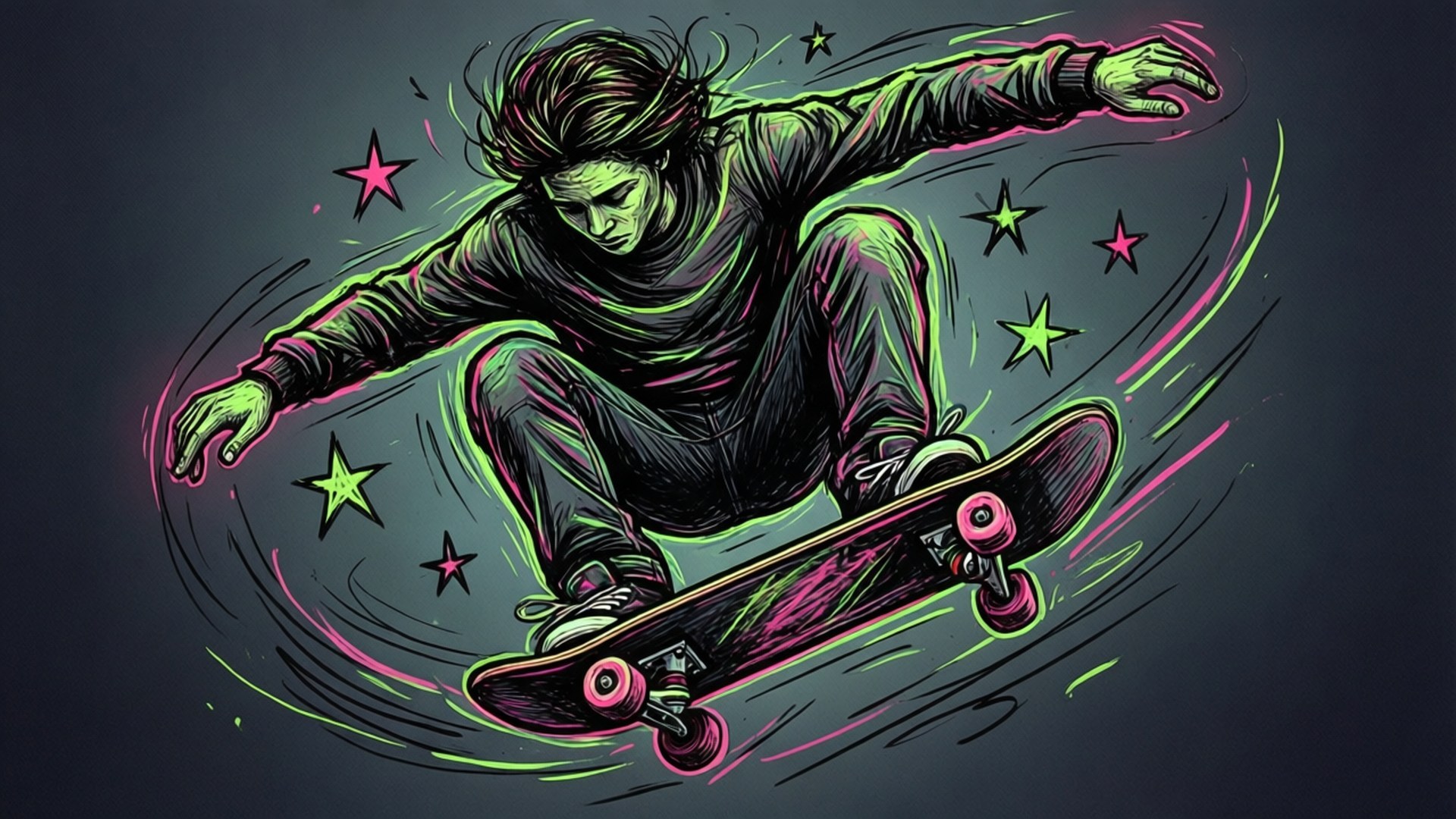 Doodle Skateboarder 壁紙 — 一個霓虹燈照亮的滑板手在移動中，帶有發光的綠色和粉紅色條紋和星星，背景為深色。