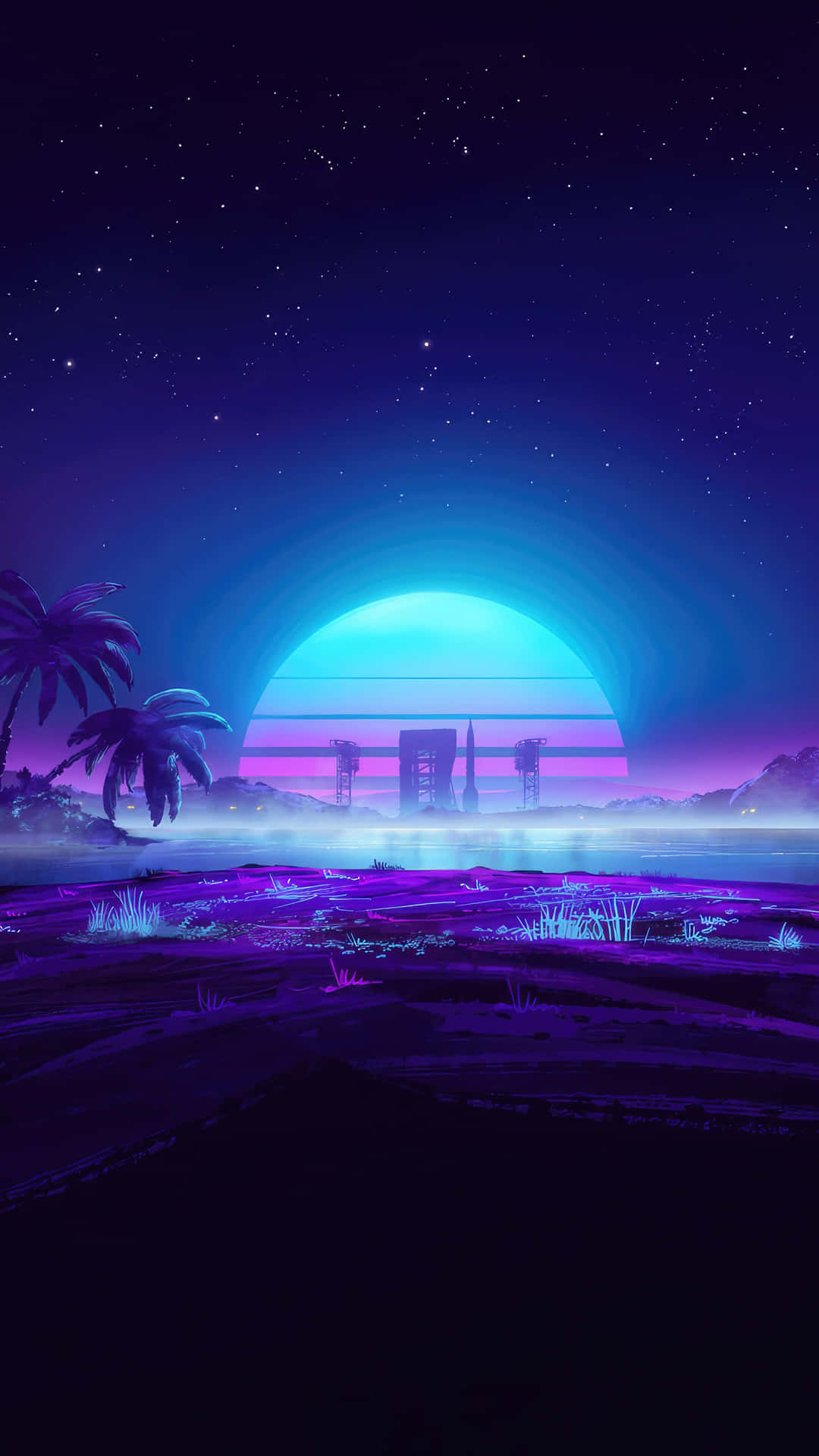  壁紙 — 在星空下，未來沙漠中的霓虹日落，有棕櫚樹和發光建築。
