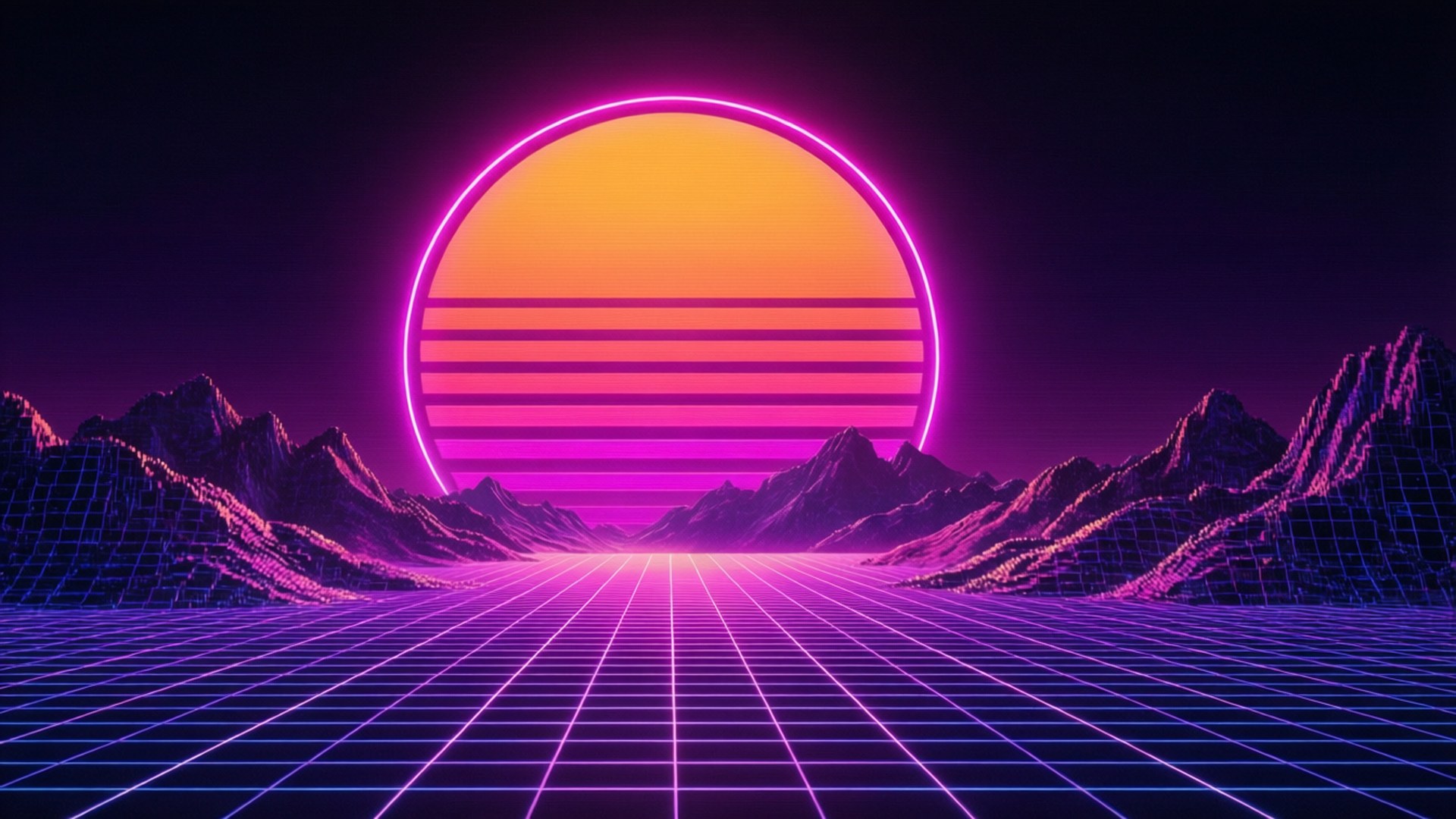 Synthwave Sunset Drive 壁紙 — 帶有水平條紋的霓虹日落，在鋸齒狀山脈後方，於發光的紫色網格地平線之上閃耀。