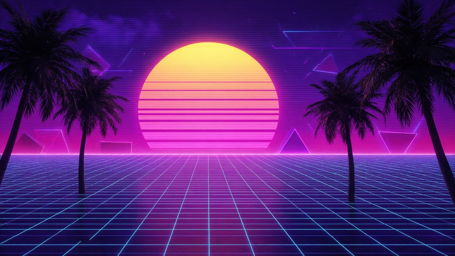 Synthwave Sunset 壁紙 — 在紫色天空下，發光網格道路兩旁種有棕櫚樹，帶有橙色和粉紅色條紋太陽的霓虹日落。