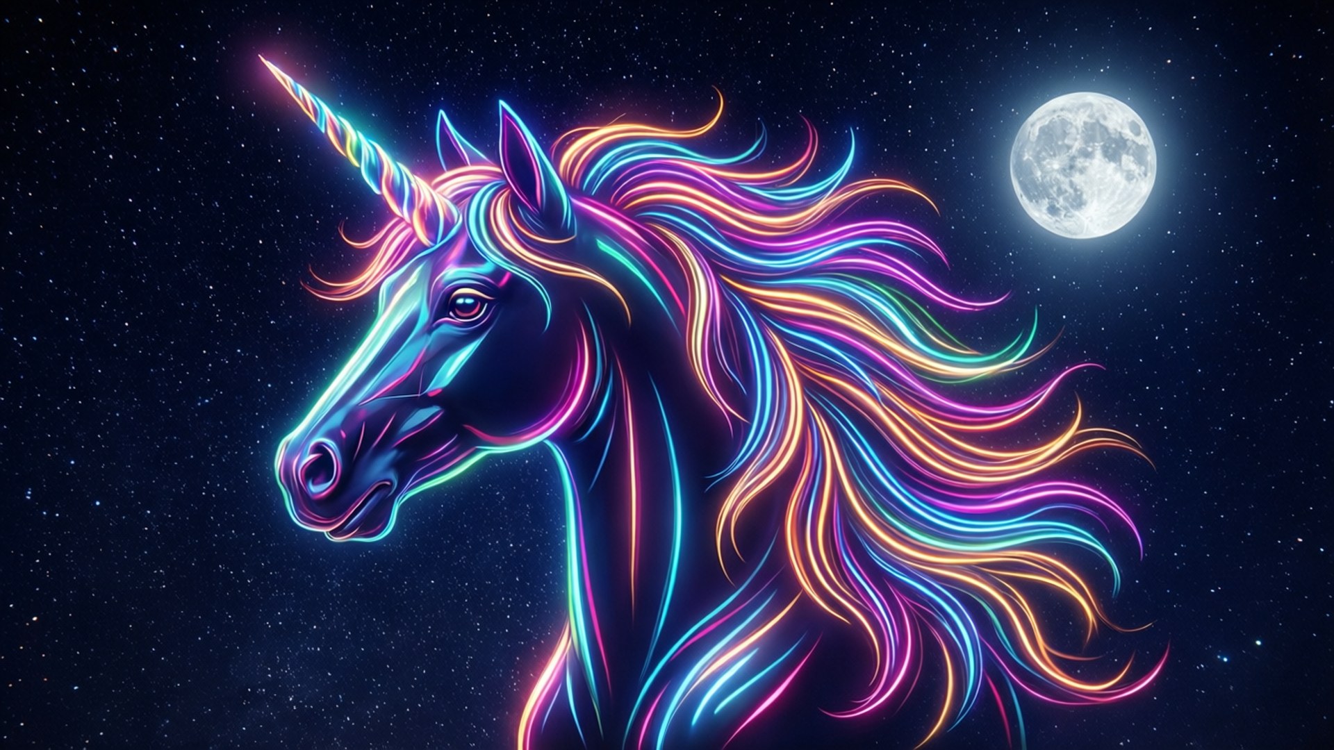 Unicorn Free 桌布 壁紙 — 一隻帶有彩虹鬃毛的霓虹獨角獸在滿月的星空夜空中閃耀。