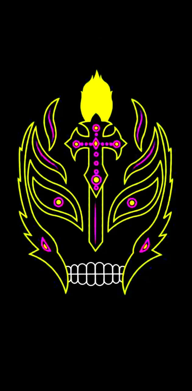  壁紙 — 一個霓虹黃色和紫色的風格化頭骨，帶有發光的眼睛和牙齒上方交叉的劍，背景為黑色。