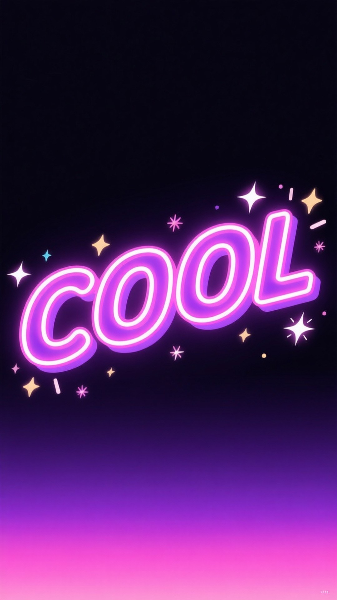 Neon Cool Typography 壁紙 — 「cool」這個字在紫色和粉紅色漸變的天空上，以鮮豔的紫色霓虹燈發光，天空點綴著閃爍的星星。
