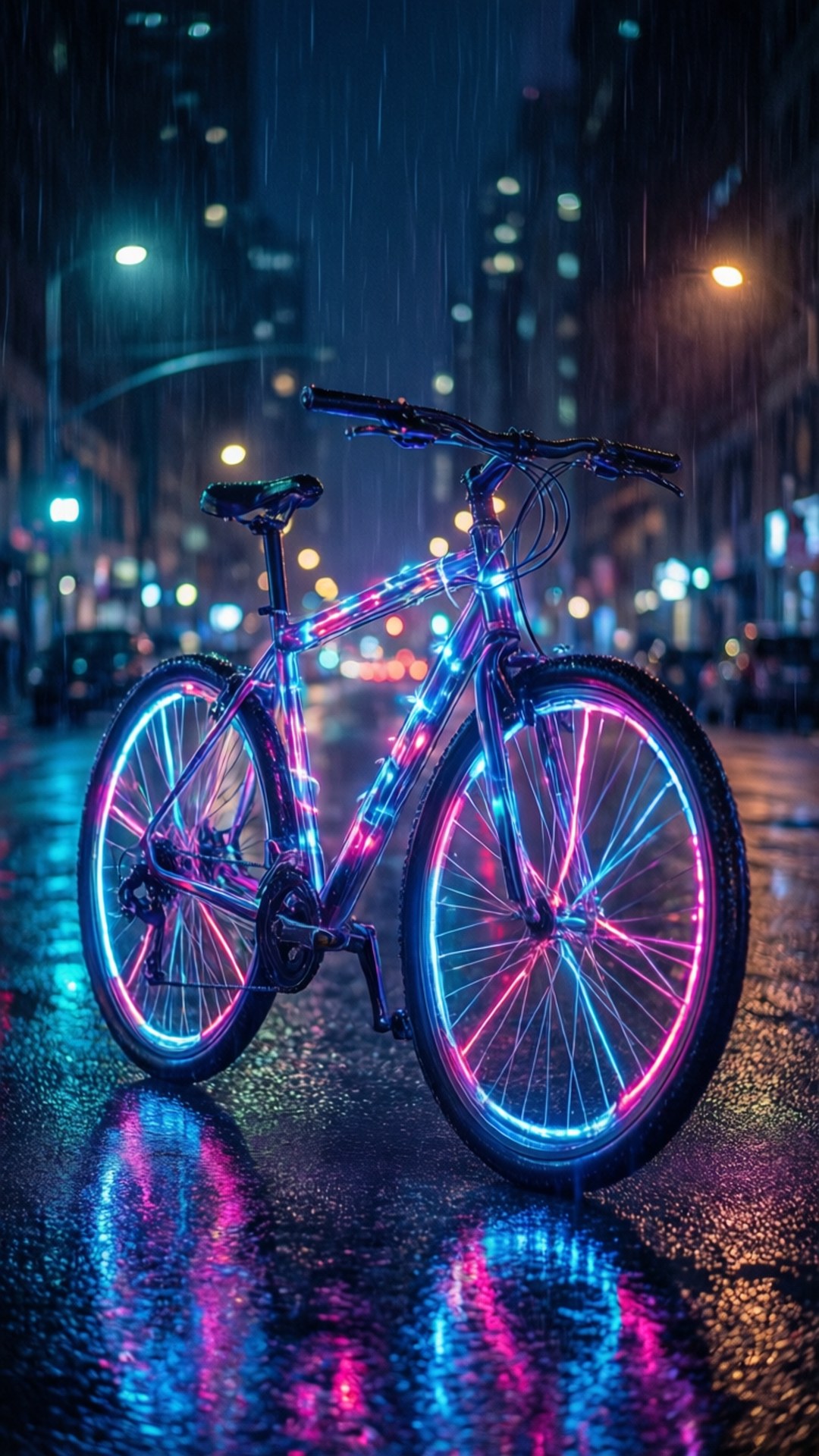 Neon Bicycle at Night 壁紙 — 一輛帶有發光粉紅色和藍色霓虹燈的自行車在夜晚站在潮濕的城市街道上，雨水落下，城市燈光在背景中模糊。