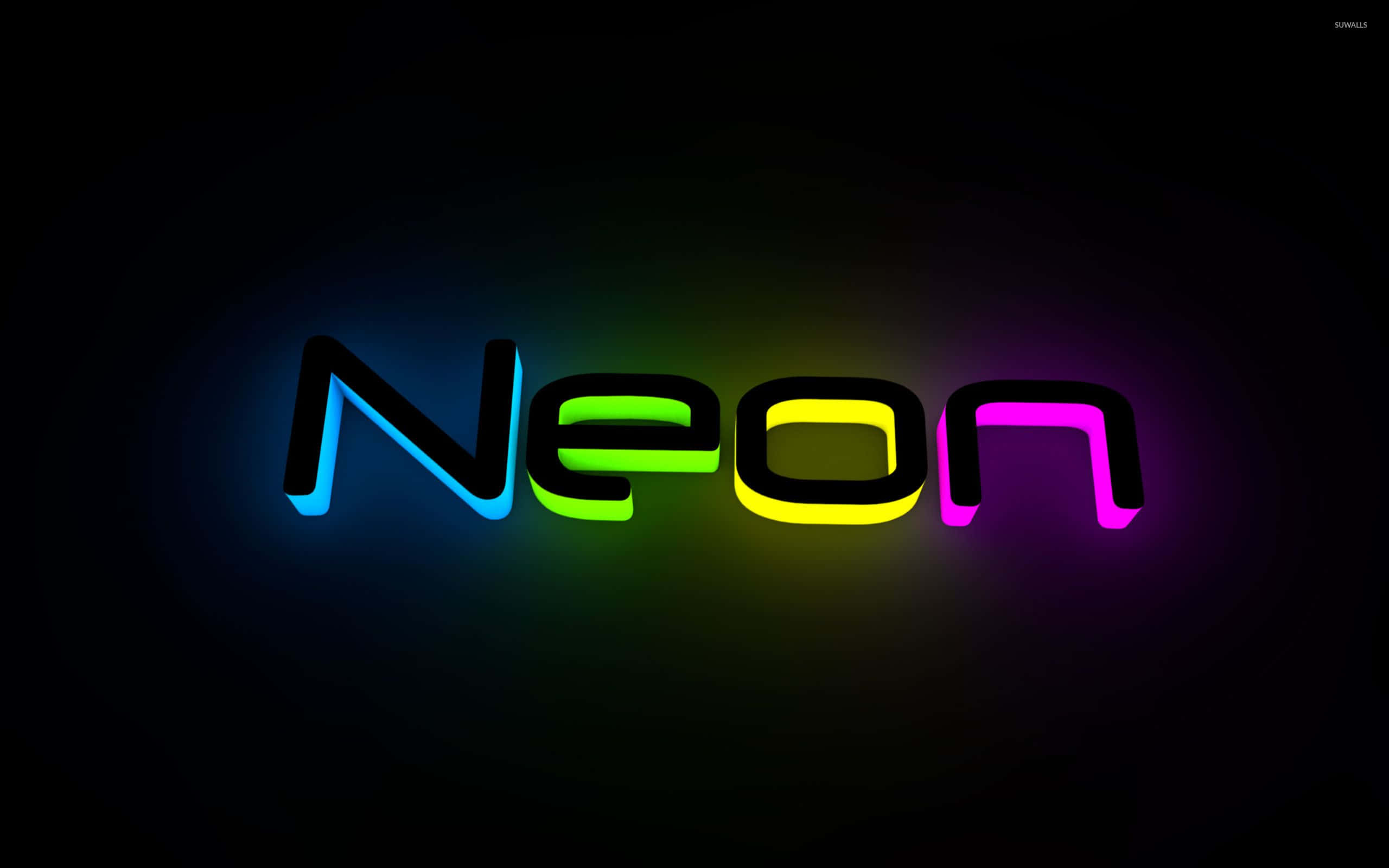 霓虹燈 桌布 壁紙 — 「Neon」一詞在深色背景上以柔和的燈光漸變呈現鮮豔的彩虹色光芒。