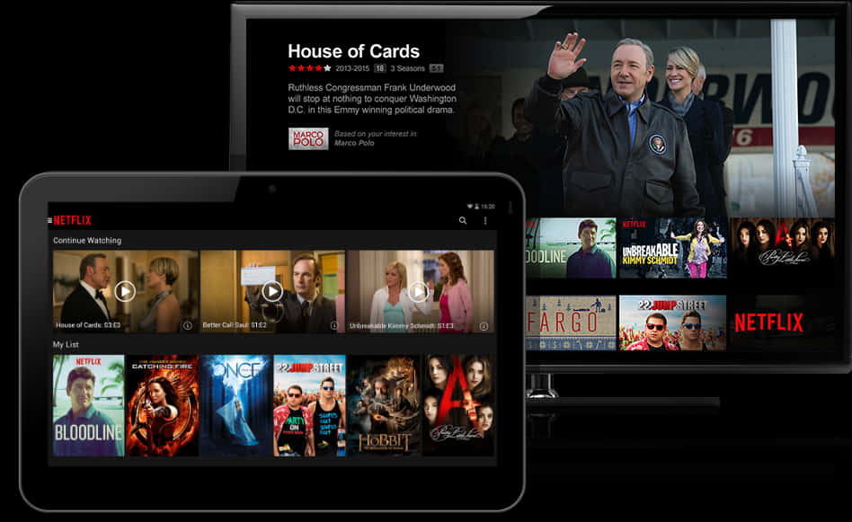 Netflix 桌布 壁紙 — Netflix 串流介面顯示於平板電腦和電視上，展示《紙牌屋》及其他節目，並附有角色縮圖。