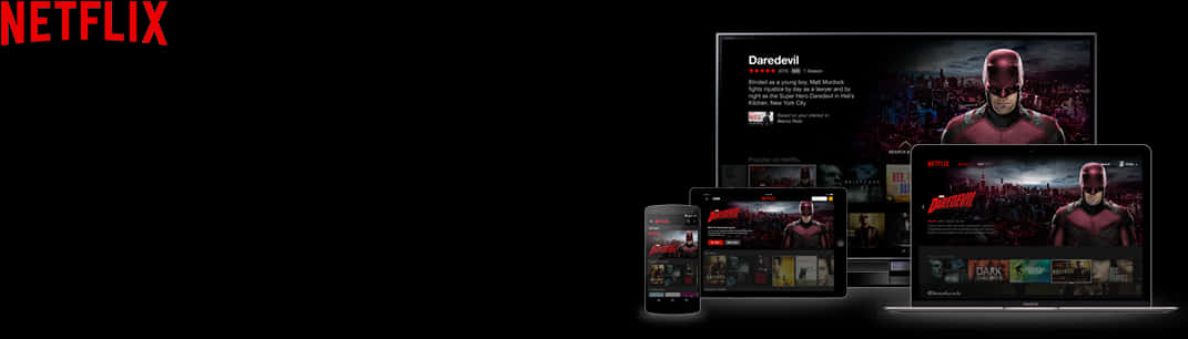 Netflix 桌布 壁紙 — Netflix 標誌和夜魔俠節目在多個裝置上顯示，背景為黑色。