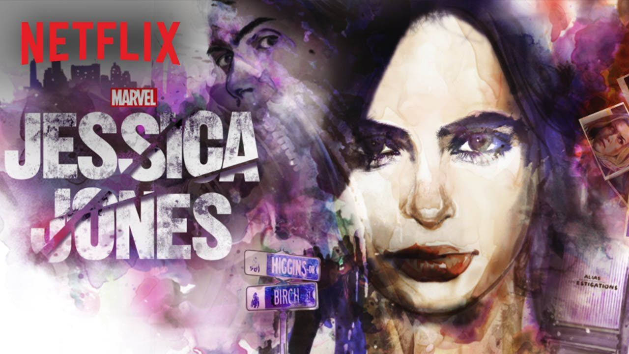 Netflix 桌布 壁紙 — Netflix 漫威潔西卡·瓊斯的水彩風格宣傳海報，她強烈的臉孔襯托著紫色和粉紅色的抽象背景，包含城市景觀和街道標誌。