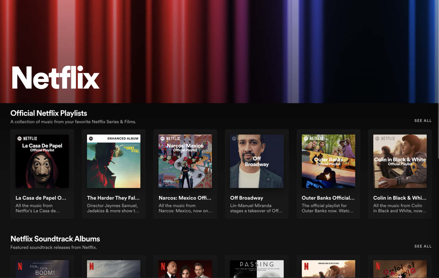 Screenshot 桌布 壁紙 — Netflix 首頁在漸變紅紫藍色窗簾背景下顯示官方播放清單和原聲帶專輯。