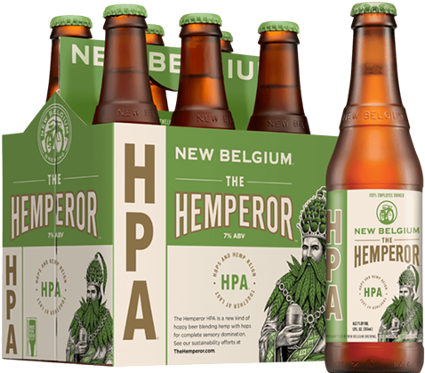 比利時 桌布 壁紙 — New Belgium 的 The Hemperor 啤酒六罐裝和單瓶裝，綠色瓶蓋和標籤上有鬍鬚皇帝插圖。