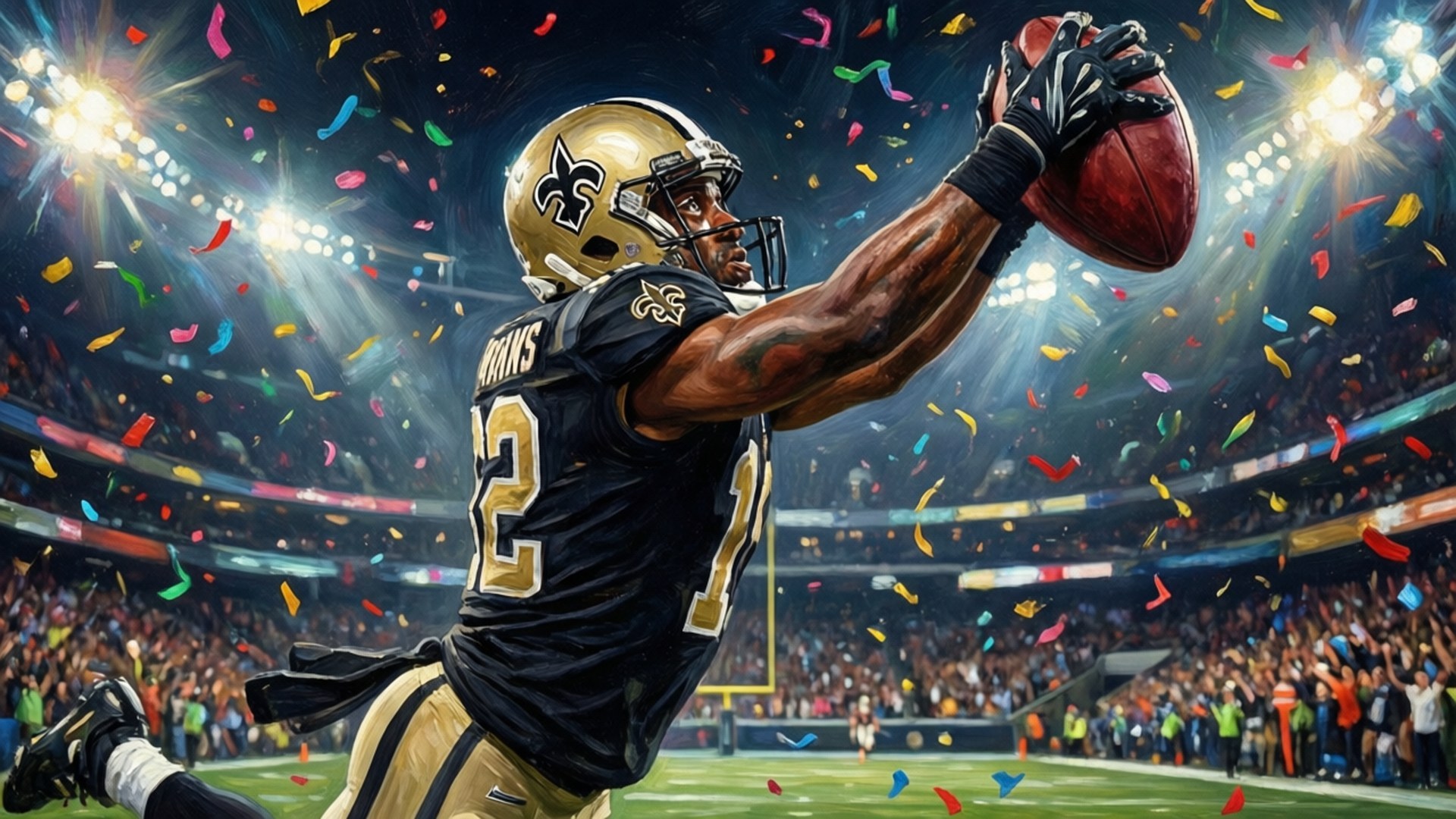 Touchdown Celebration Art 壁紙 — 紐奧良聖徒隊身穿2號球衣的美式足球員在明亮的燈光下，在擠滿觀眾的體育館中接住達陣傳球，彩紙爆炸。