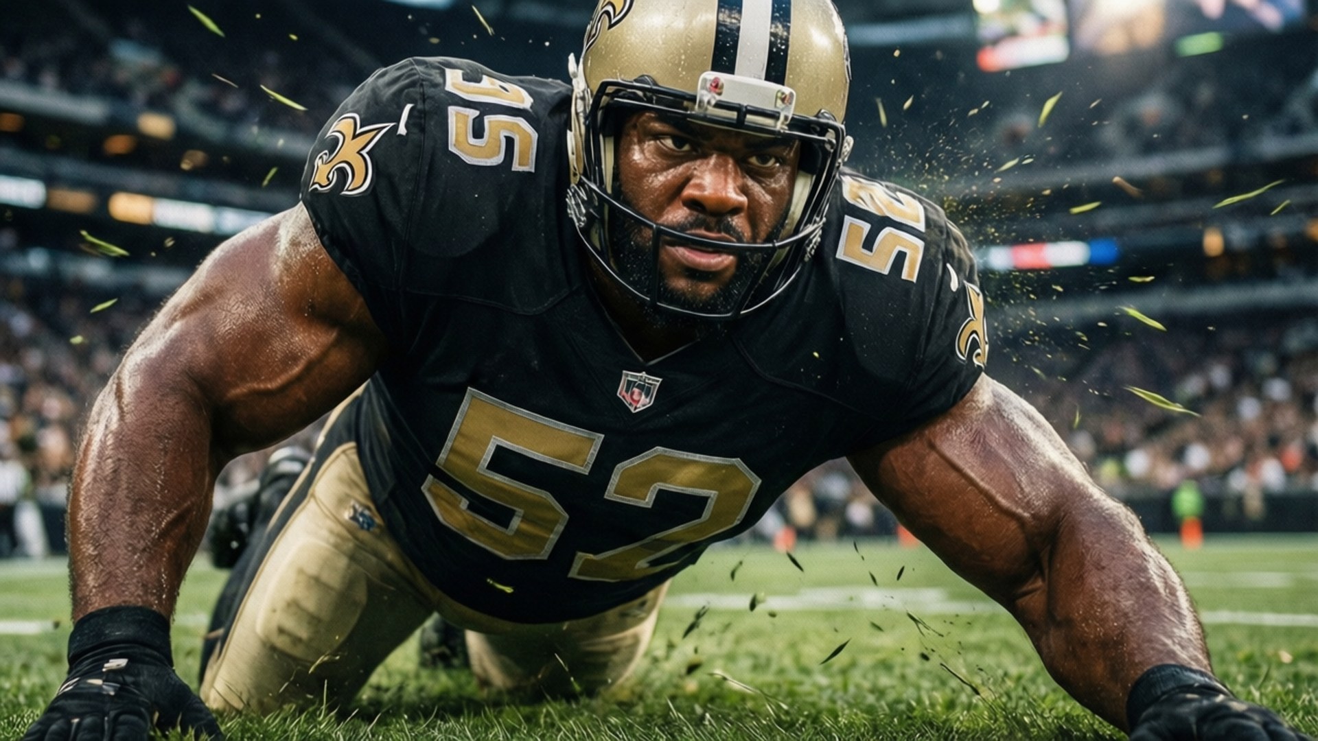 Saints Defensive Charge 壁紙 — 一名身穿黑金色制服的新奧爾良聖徒隊美式足球員在草地上向前撲倒，周圍草葉飛揚。