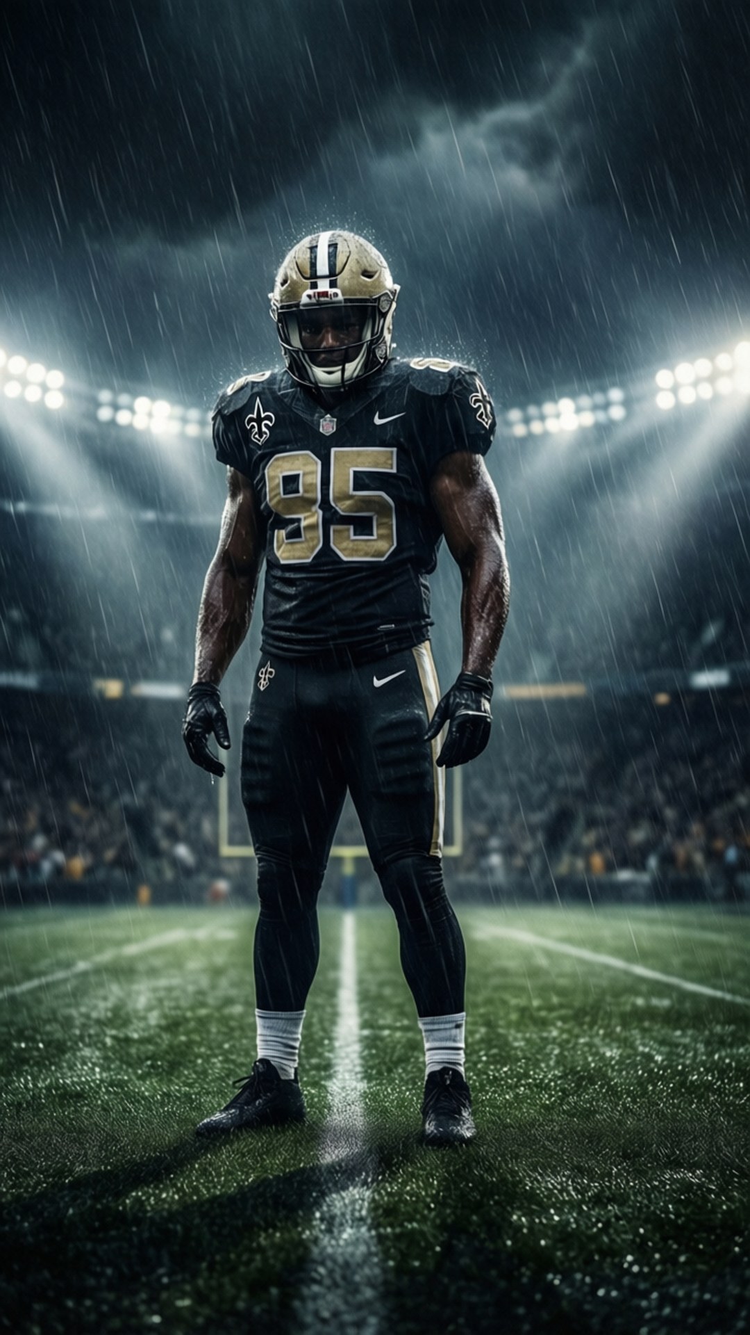 Saints in the Rain 壁紙 — 一位紐奧良聖徒隊的85號美式足球員獨自站在球場燈光下被雨水浸濕的場地上。
