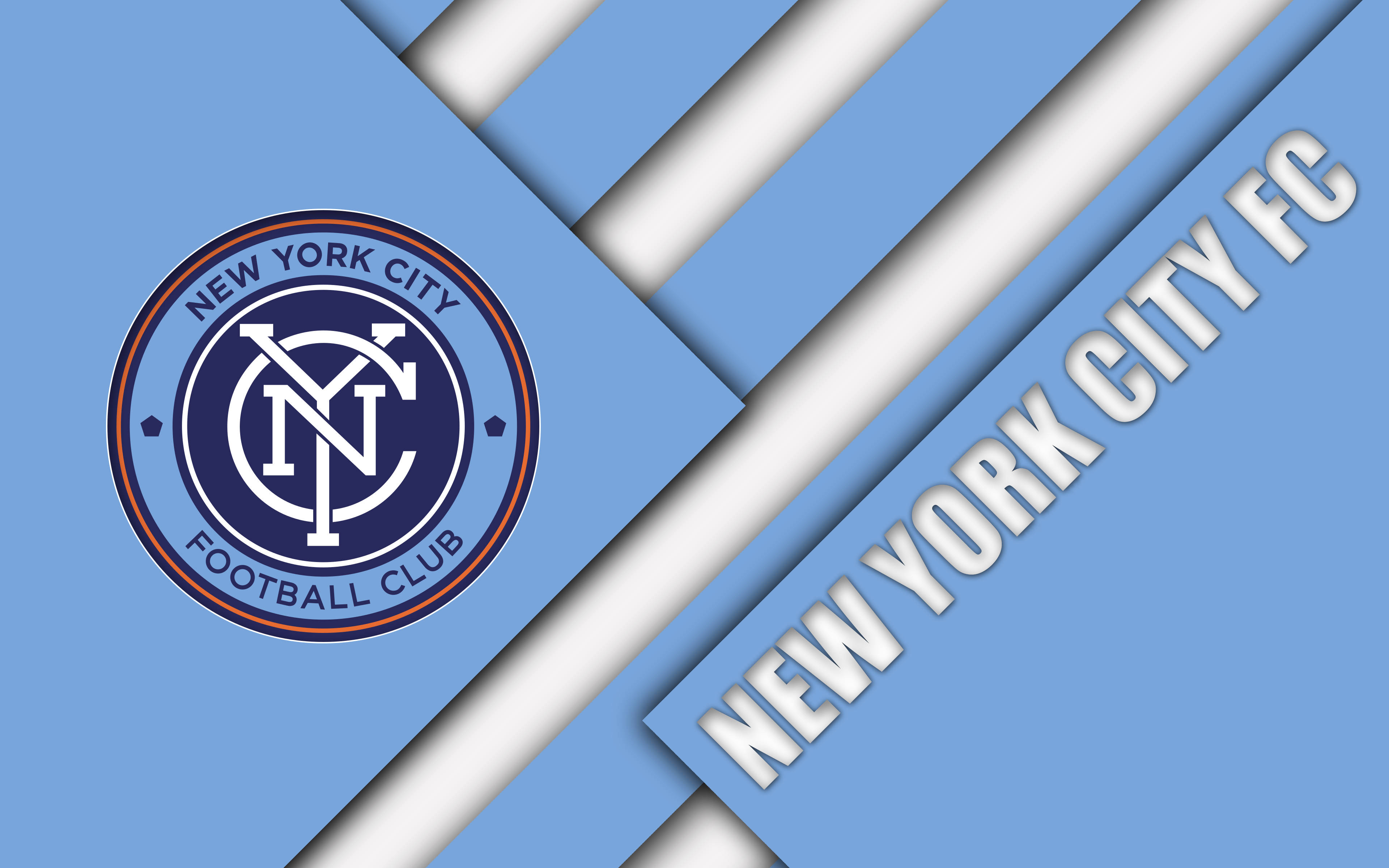 New 桌布 壁紙 — New York City FC 標誌，背景為藍白幾何圖案，帶有對角線條紋。